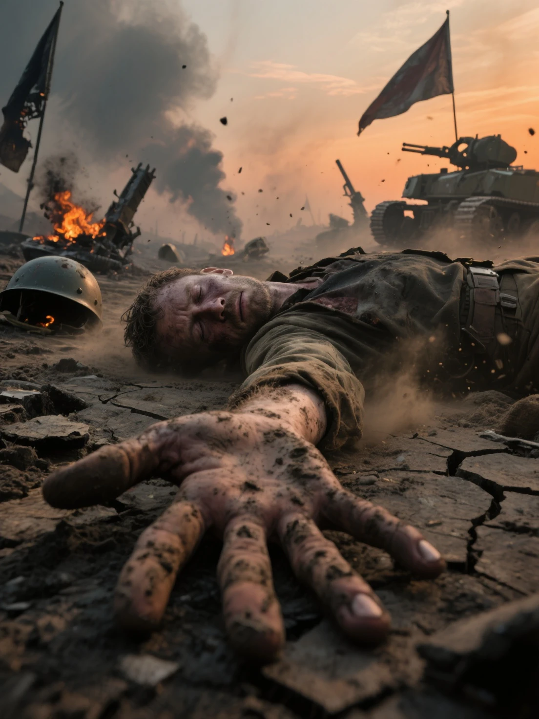Alive and Dead soldier fighting fierce battle in the trenches, explicit, gore, horrifying, grotesque, early morning, fog, foggy 