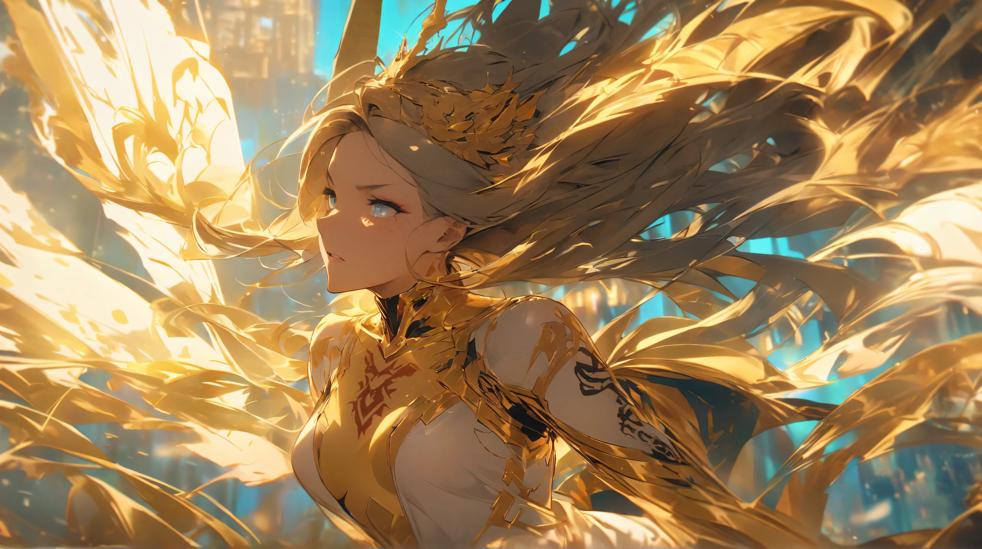 Blonde hair, blue eyes, Cerestia, big breasts, wearing white fabric, white background, front lighting