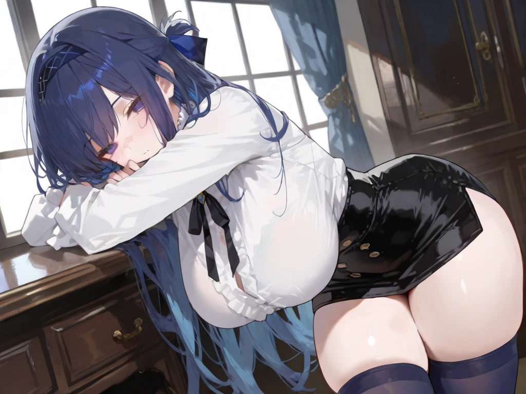 high quality、High resolution、High resolution、Inside a love hotel、One Woman(Women are being pressed for seeding)、Black Hair、An angle focusing on the buttocks from directly behind、White off-shoulder frill shirt、A tight black mini skirt that shows off her butt、Droplet Earrings、(Long Hair、Bangs that reach down to the mouth and cover one eye、slippery head、Wetた Hair、Silky Hair))、Blue heart-shaped earrings、Are fat(1.6)、Wet(1.9)、trembling(1.3),Climax(1.2)、Tree Eyes(1.9)、The corners of the eyes are raised.、Dark blue eyes、Saggy breasts(1.9),Big Breasts(1.9)、Long chest(1.9)、Her breasts are bouncing up and down (Black man)、(Big penis)、(A man is giving a woman a breeding press)