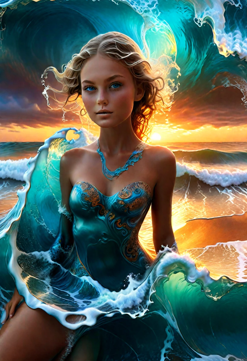 a portrait of a bride surfing the waves, on a sunny day in ocean, an exotic beautiful bride, ((anatomically correct: 1.5)) ultra detailed face, dynamic hair color, dynamic hair style, dynamic skin complexion, (best detailed face: 1.5), busty wearing intricate, elegant bride's dress, glamour bride dress, barefoot, she is surfing an (surf board: 1.3) she surfs a massive wave, sunny day, sun rays, some clouds, wavy ocean background, vibrant, Ultra-high resolution, High Contrast, (masterpiece:1.5), highest quality, Best aesthetics), best details, best quality, highres, 16k, (ultra detailed: 1.5), masterpiece, best quality, (extremely detailed) RAW, (ultra details, Masterpiece, best quality), Dark Art Painting Style, ba11g0wn, Cinematic Hollywood Film
