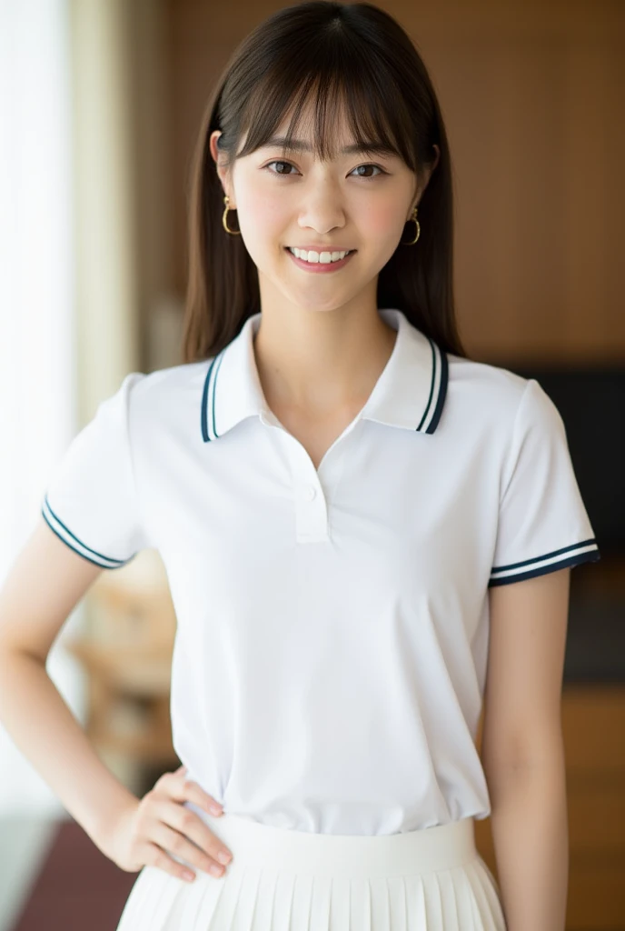 (((cowboy shot))),Ultra-high resolution,big eyes,((brown eyes)),Japanese,(forehead),(a girl),(1 girl),((17 years old)),(cute),pretty,((facing at viewer)),arms behind back,grin,((black school sailor uniform)),pleated skirt