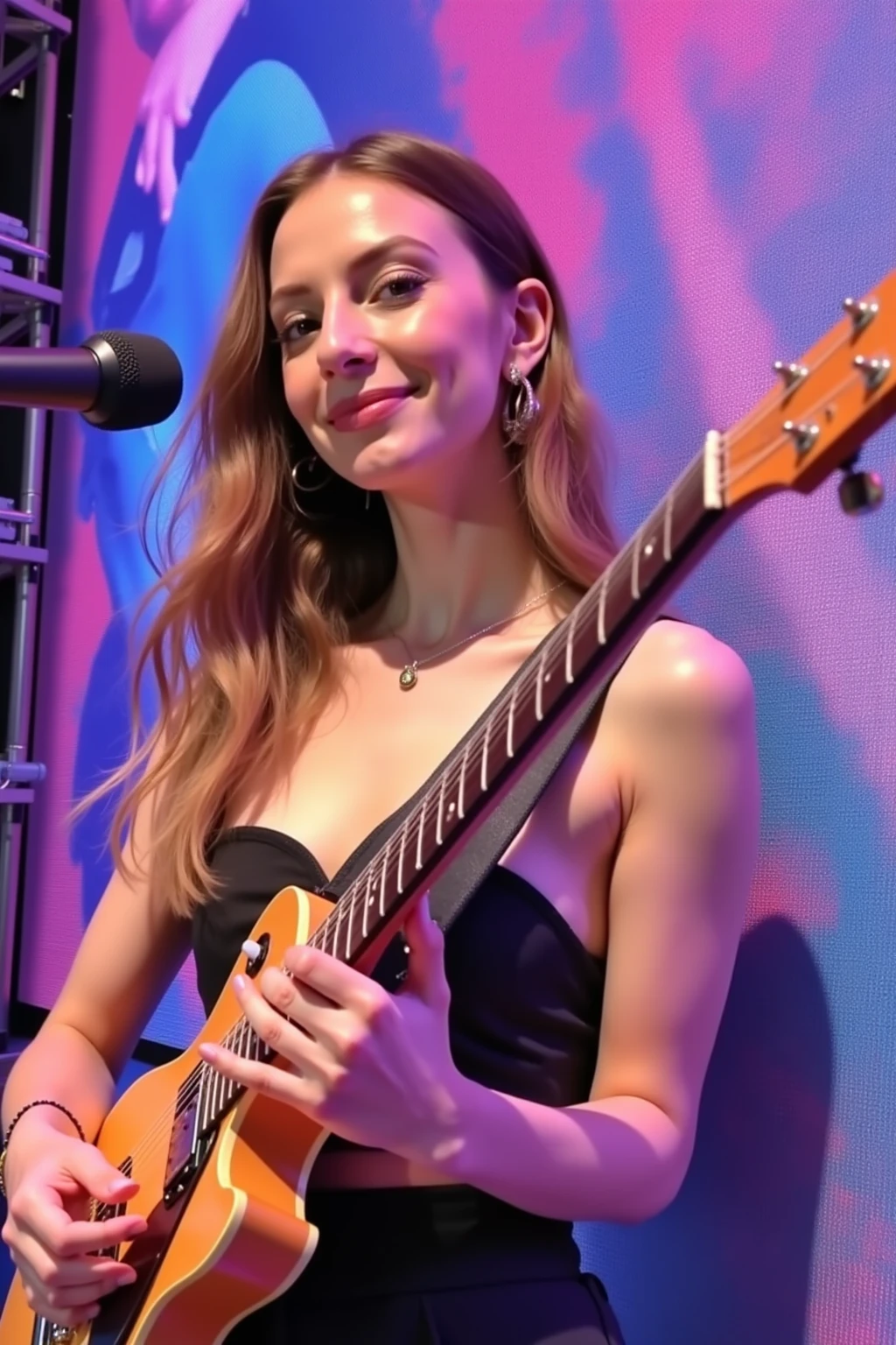 harmony between digital art and watercolor,A woman playing a guitar,stage with colorful lighting {x} Female guitarist with colorful lighting,slim woman without top,positive expression,passionately playing guitar,stage with luxurious lighting,colorful watercolor background,digital art effects, 8K high resolution ,realistic,Professional ,HDR,studio lighting,HIGHLY DETAILED,vivid colors,Smooth Skin Tone