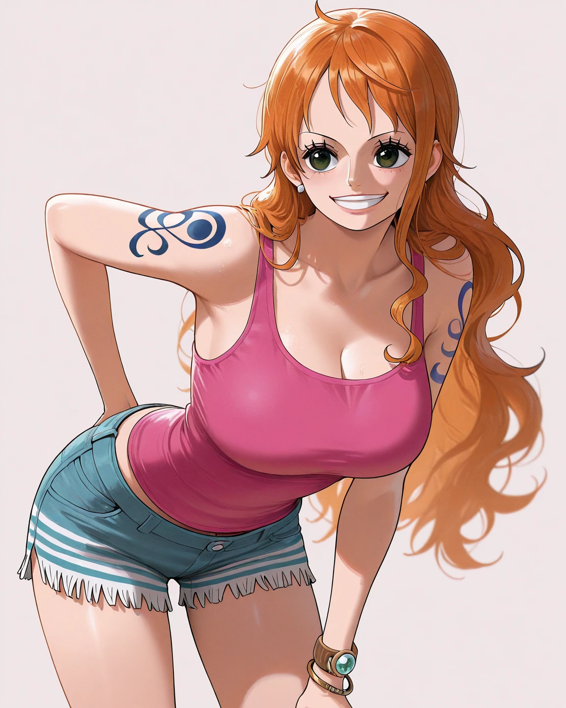 a cartoon picture of a woman in a bikini top and jeans, nami one piece, nami from one piece, nami, beautiful portrait of nami, from one piece, oppai, blue eyes, smoking, ponytail, nsfw