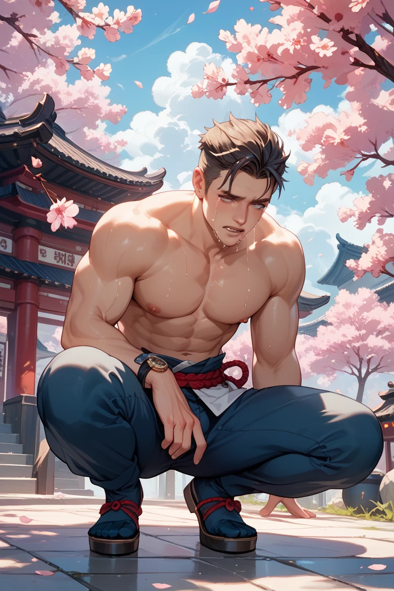 Create the character Samson chained to two columns of a pagan temple
