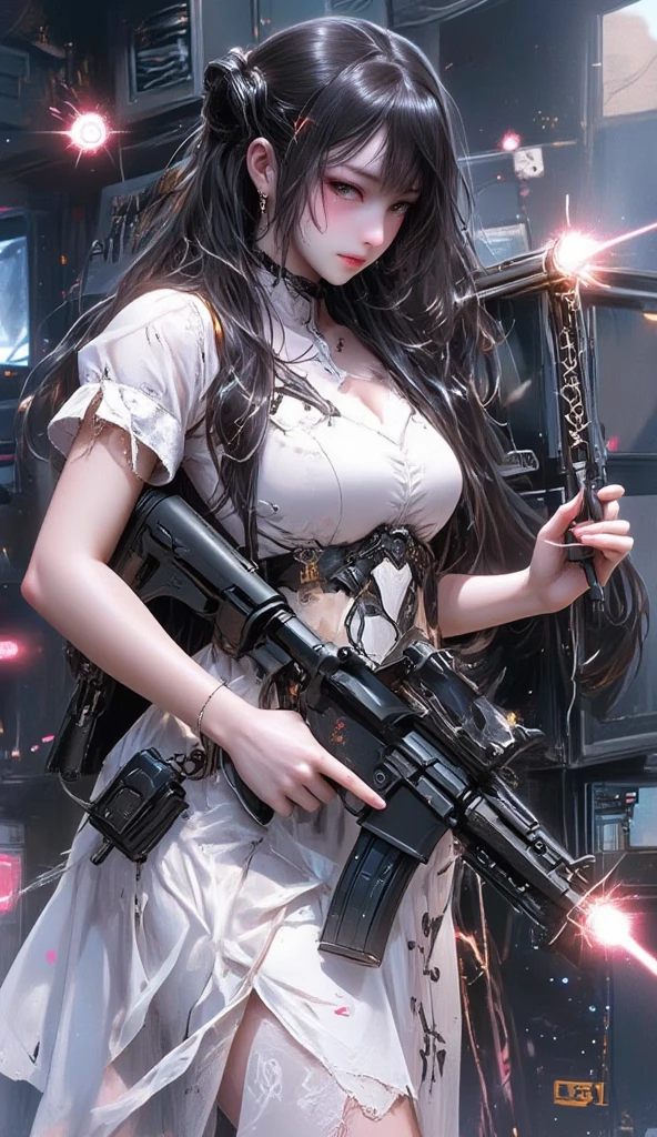 Modern architecture Black hair Big breasts White uniform Weapon in hand Full body White stockings Green pupils Handsome