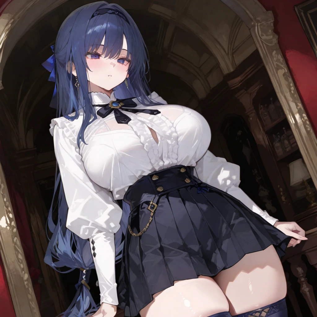 ((masterpiece)), (Highest quality、8K), (Simple style), Big Breasts, Swinging Big , Wearing a face stolen from someone else, No sleeve, Sleeveless, Off the shoulder, Black Dress, Short skirt, Pleated lace, Lace dress, Dark blue knee socks. whole body, Luxurious Room, NSFW