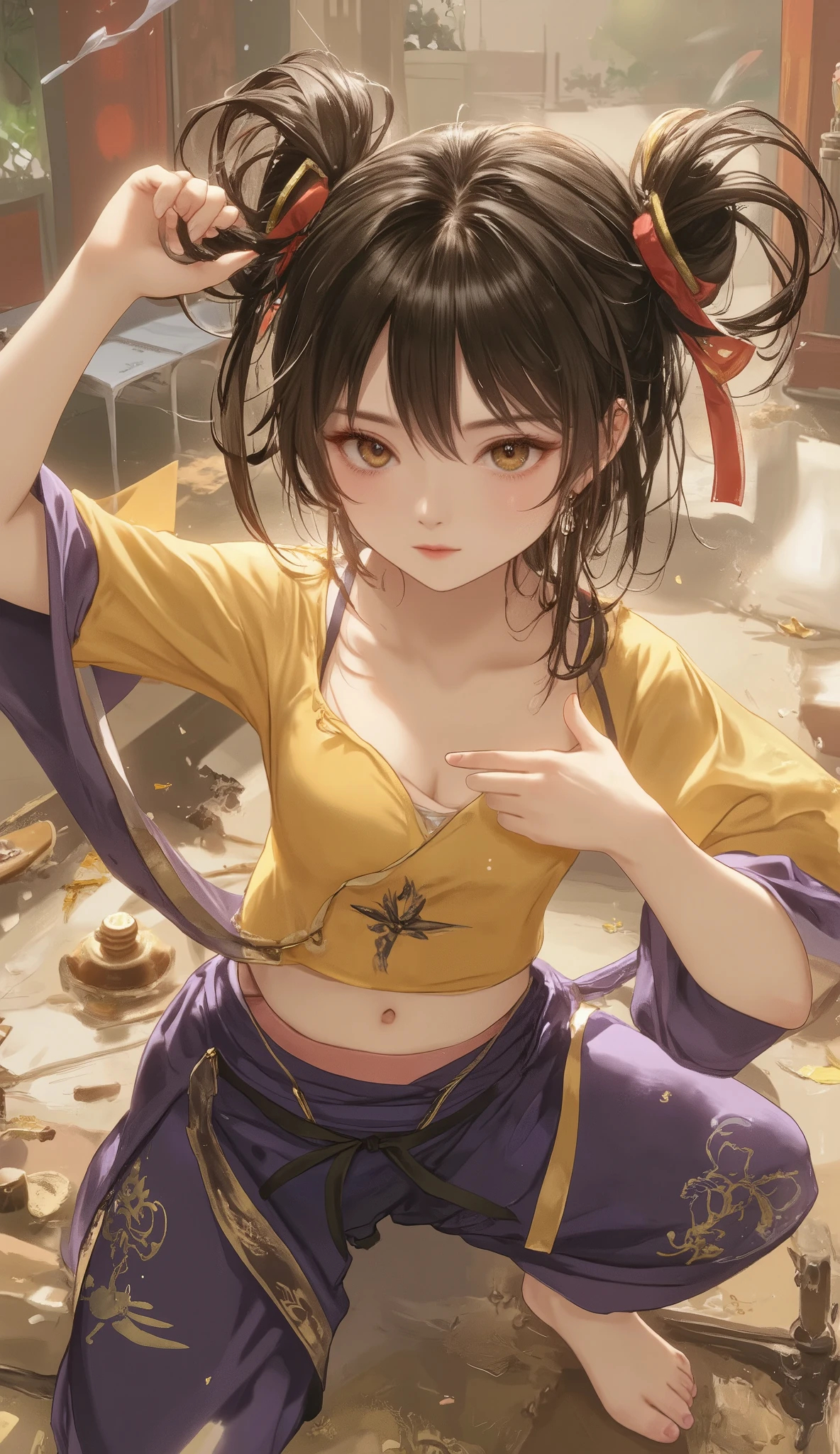 masterpiece, Highest Quality, super res, perfect anatomy, absurd, dreamy、female、detailed face、Shaolin Temple、Shaolin Kenpo、twin chinese buns hairstyle,yellow and purple Shaolin clothes、dramatic、dynamic、grow、strong and cute