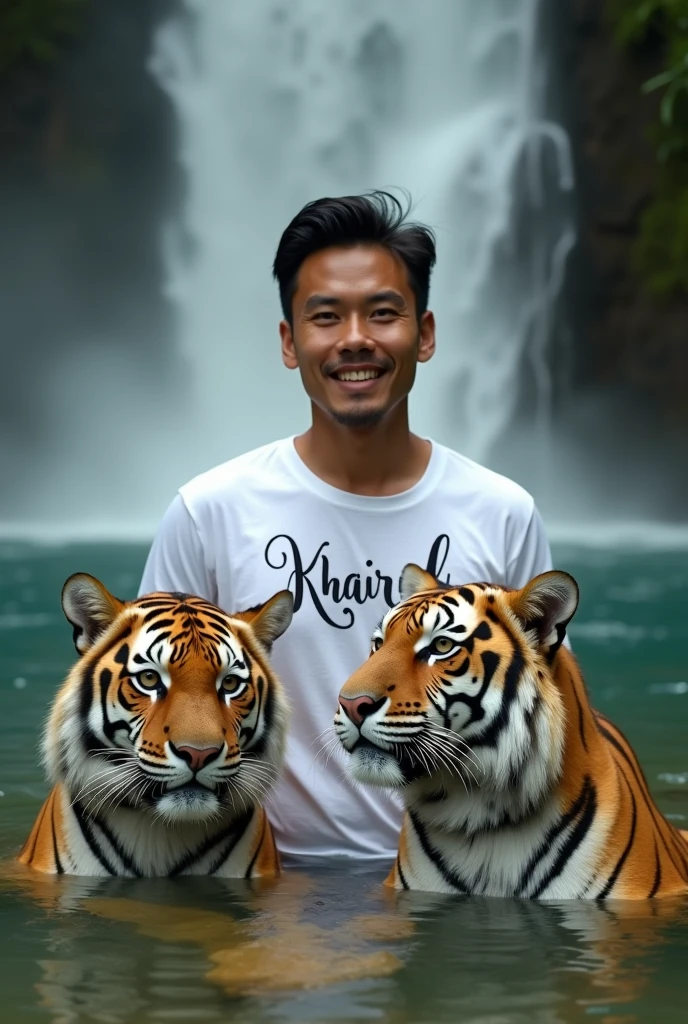 "perfect face, masterpiece, photo of a handsome 25 year old Indonesian man with undercut hair, wearing Nike shoes, a black singlet with a picture of a tiger, long jeans, shirtless, sitting next to an adult male lion sitting on the edge of a very deep cliff facing forward with a sad expression, the background is a cloudy sky, below there are grasslands and dense forests, several eagles flying above, very detailed and very real"