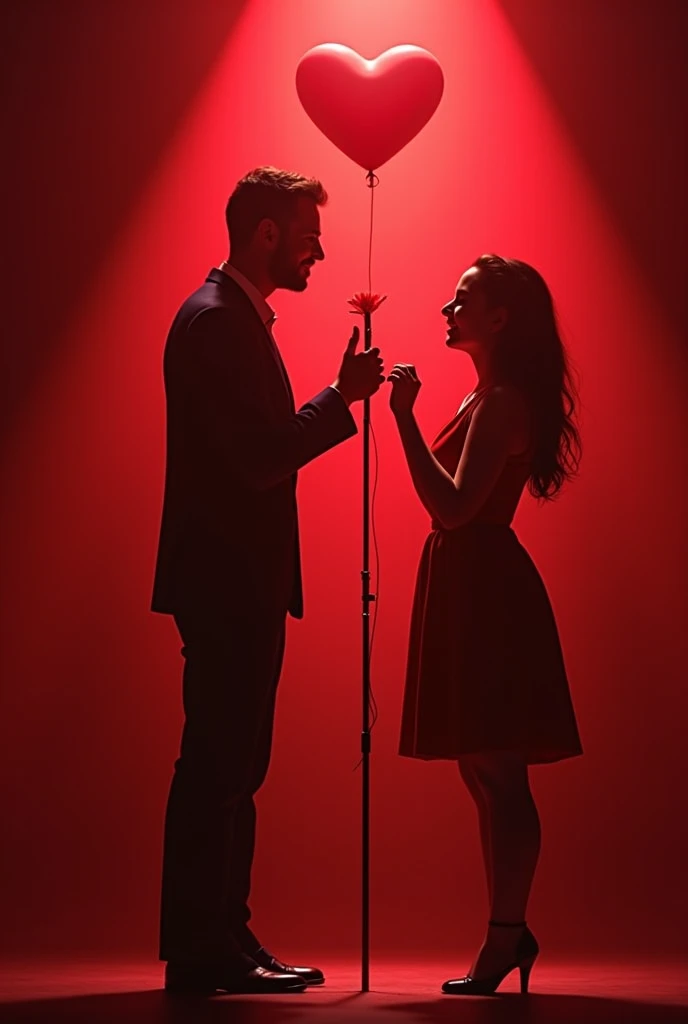 Create a clear, not dark image of a man on one stage and a woman on another stage.. separated. Screaming with sadness and courage. They raise their arms and break the great chains of the cycle of violence, emotional abuse and psychological mistreatment. 
Their red hearts are broken. 