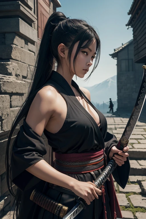 raw photos、8K portrait、real、Delicate and meticulous skin)、master piece、highest quality、official art、Unity 8k wallpaper、Super detailed、(dark scene、low key、soft light)、cinematic look、High chroma、best anatomy、Volume mist、samurai girl、slim body、whole body、1 girl、arms、sword、long hair、black hair ponytail、hold the、solo、armsを握る、Blood、swordのグリップ、arm guard、simple background、armsについたBlood、look at the audience、black eye、cloth、floating hair、Hanfu、dragon、black haired、Beautiful 25 year old Japan woman、white skin、double eyelid、真swordな表情、Wearing a black and purple ninja costume、Ninja silhouette、Plump cleavage、dynamic pose、whole body、Action-packed、Dynamism、The background is Hayashi、environmental lighting、photorealism、intricate face details、intricate hand details、very detailed、bright colors