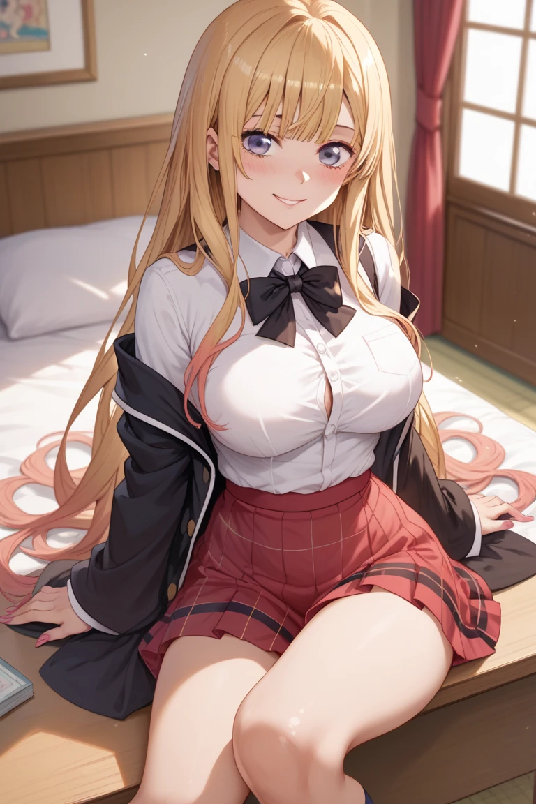 ((masterpiece)),(nude body),official art,extremely delicate and beautiful,extremely detailed CG,unity 8k wallpaper,ultra detailed,beautiful detailed eyes,extremely detailed face,on the bed,1girl,solo,full body,(portrait:1.5),looking at viewer,facing viewer,smile,Kuhouin Arisa,long wavy blond hair,sleep position,sidelocks,parted bangs,brown eyes,female underwear,blazer,wing collar,red bowtie,whi,long sleeves,large breasts,buttons,miniskirt,black thighhighs,loafers,black footwear,Big breasts,nude,Get naked,see breasts,obscene,fullbody