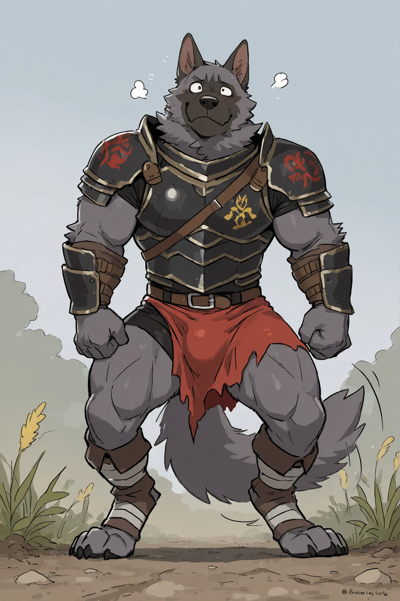  
Solo Sexy young anthro furry wolf male mercenary medieval solider, slim endomorph muscular, anthro handsome gay muzzle, handsome gay model male apperance, scars, worn out rusty skimpy armament, low on hips heavy leather heavy belt, old very worn out skimpy white linen material jockstrap, old yellow dirty worn out stains on white sawn jockstrap, very visible "x" brown seam pattern on the jockstrap, studded skimpy armlets breastplate armor, skimpy breastplate, leather bondages, fingerless leather gloves, smelly unwashed husk, dirty body look, desert medieval fortress, standing in sexy victorious position above me, agressive dirty playfull grin, he is looking down into my eyes, first person view of view from ground under his close dirty old worn out smelly fetish jockstrap