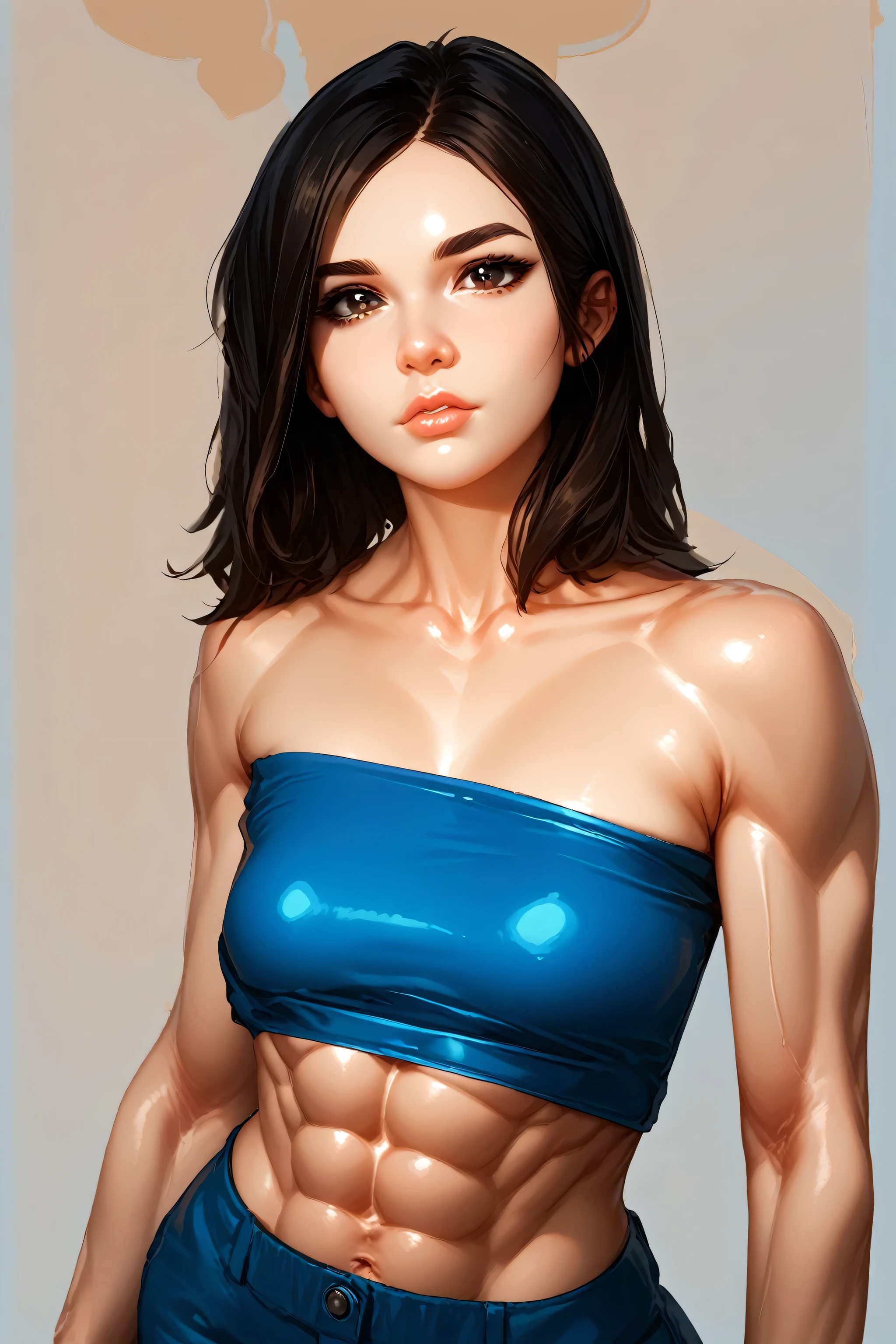 (colored skin, light brown skin), black hair, medium hair, black thin eyebrows, dark brown eyes, nose, lips, collarbone, medium breasts, (muscles), (abs), (blue tube top), navel, (blue pants), standing, (looking at viewer), simple background