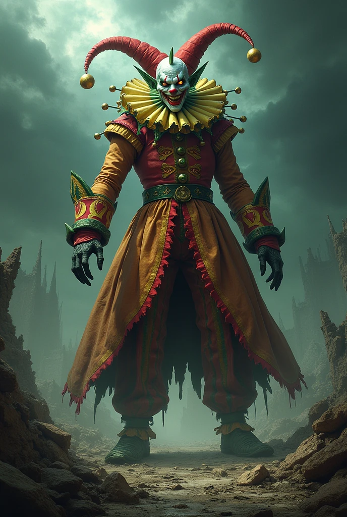 A mythical demon clown with terrifying makeup, green spectral smoke rising from his face, and ancient armor. The background is a dark, mythical battlefield.