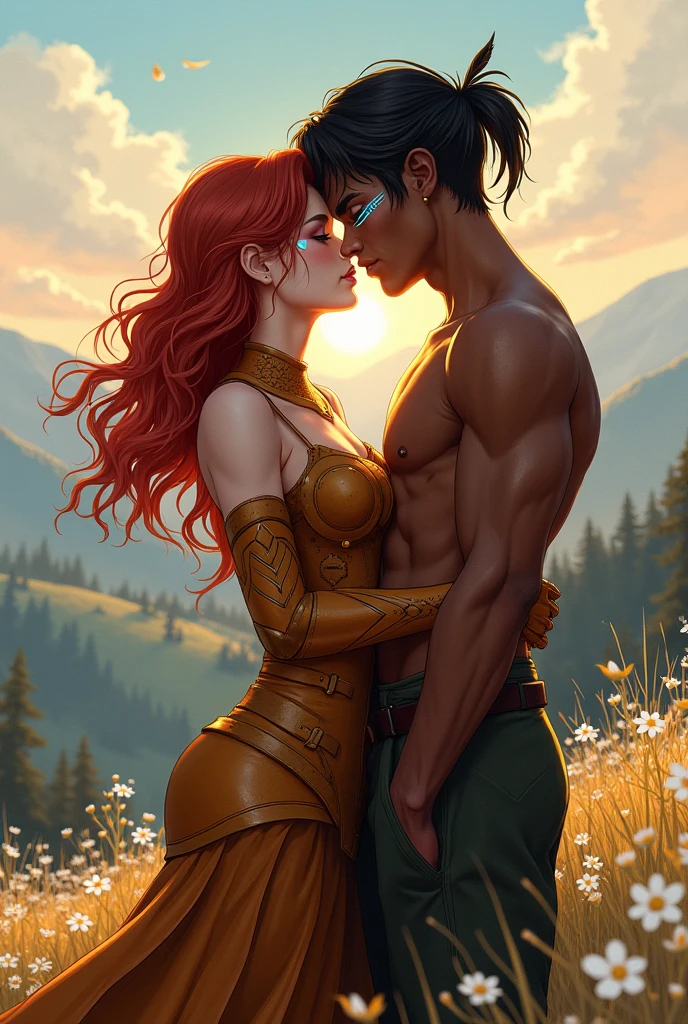 Arbomorph A hug of muLher and man turns into a mountain, com um vale como pernas, branches like arms, aLgumas foLhas voam em um fundo branco,L