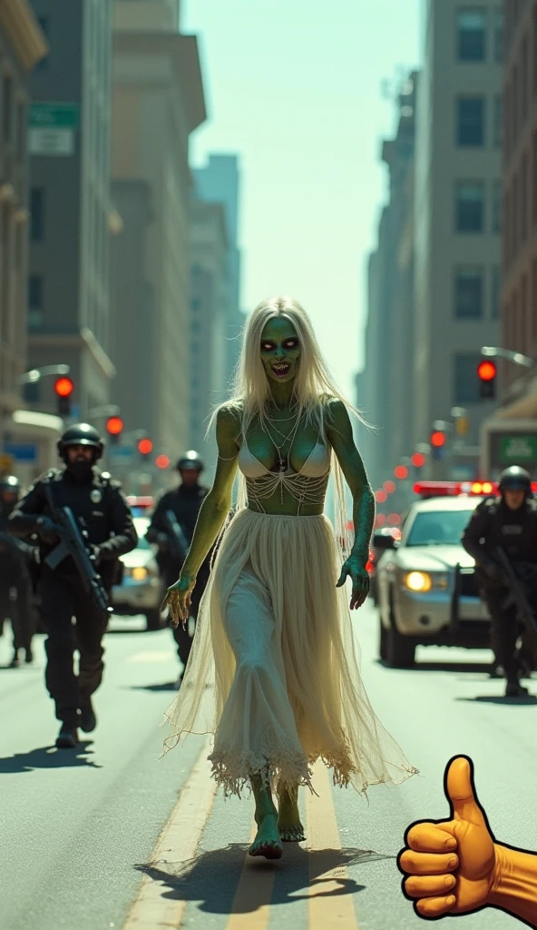 A sadistic supervillainess who controls an army of zombies. White shoulder length hair and black glossy lips. She wears a skeleton styled dress showing off her legs. Her army of the dead is attacking a town.