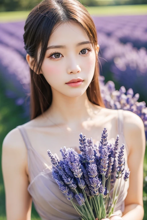 (extra detailed body、extra detailed face、best qualtiy:1.2)、femele、looking at the viewers、((((Upper body naked、17 age))))、(Lavender on background:1.4)、breasts are small、(((barechested)))