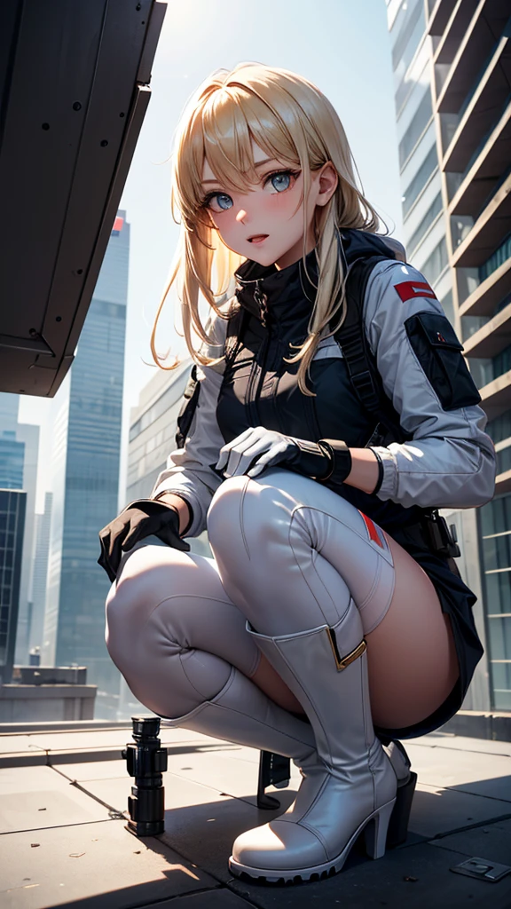 A hyper-realistic、ultra-detailliert、top-quality、hight resolution、Goddess of Japan sitting in a dusty ruin、Controlling the tablet with your eyes fixed on it、A big gun is placed、long hair of voluminous white color,,,,,,,、Large goggles with antennas on the forehead、Wearing a necklace with a dog tag from neck to chest