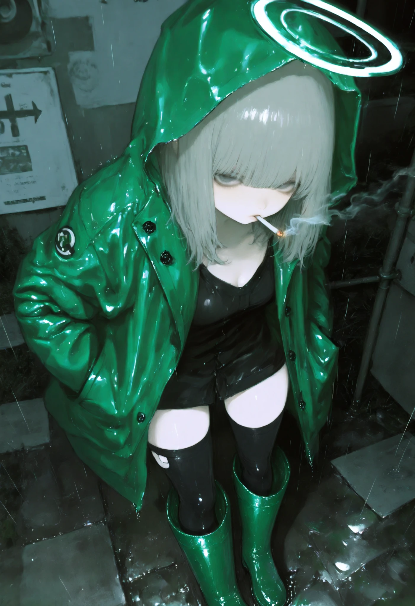 1girl, solo, cigarette, rain, hood, halo, thighhighs, boots, hands in pockets, raincoat, rubber boots, jacket, green jacket, black thighhighs, smoking, mouth hold, hooded jacket, bangs, green footwear, standing, black shirt, shirt, medium hair, outdoors, looking at viewer, hood up, knee boots, grey hair 