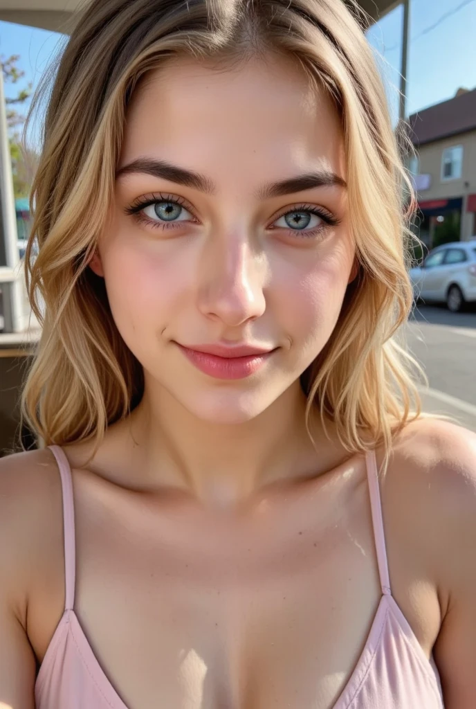 iPhone quality, Selfie, small hair on skin, skin untouched, impure skin, full body picture, outside, cut out, Neckline, at home, cute outfit, young and cute face, chubby, best quality, ​masterpiece, foto realista, Intricate detailing, RAW-Foto, Ultra-detail, blond hair, cute face, Cup size B, blond hair, perfect and blue eyes, young woman, 20 age old