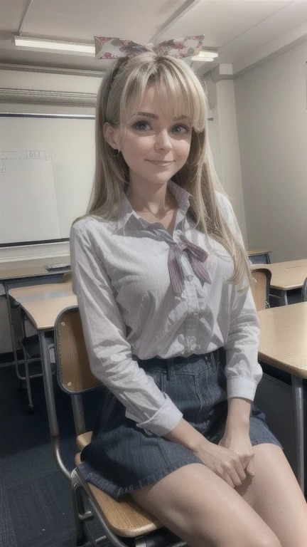 A 18-year-old blonde woman, ((hiperrealismo))textured skin, goosebumps, perfect eyes. Blonde hair with light brown roots. cabello rubio, Hair with brown roots, really long hair. photo taken with iPhone, selfie. Porta 160 color. Provocative pose. College sky blue shirt, college dark blue skirt, at the classroom. Photo taken with iPhone. Cosplay. Showing cleavage. Selfie photo