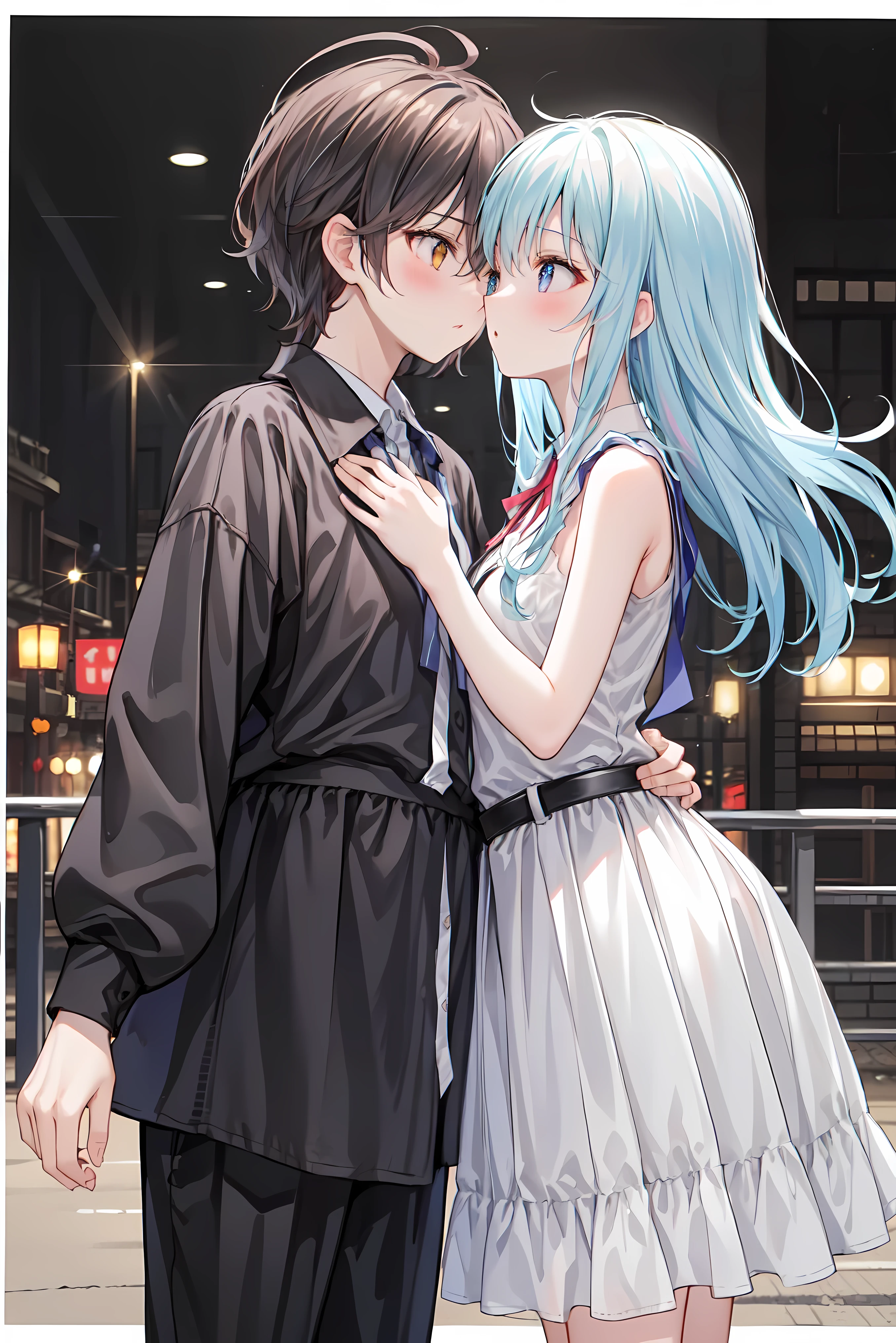 (masterpiece) attention to detail, masterpiece),(high image quality)One couple in their 20s, female1名、Kiss、Romance、Sparkling atmosphere、Glossy appearance、Night City,female(brown medium long hair )close ~ eye、Sweet Sigh、male(Black Disheveled Hair、Y shirt, shirt)tightly close your eye、background、The night deepens、 dark, femaleはショックを受けた, maleが壁に向かって彼女にKissをする, maleが腰を抱く, And his eye were tightly closed, romantic environment ,((Highest Quality)), (Very Detailed), (high image qualityCG合成8K壁紙), 高いly detailed, high-definition raw-colored pictures, professional photography, (((Bokeh))), writing boundary depth in the street,Bust