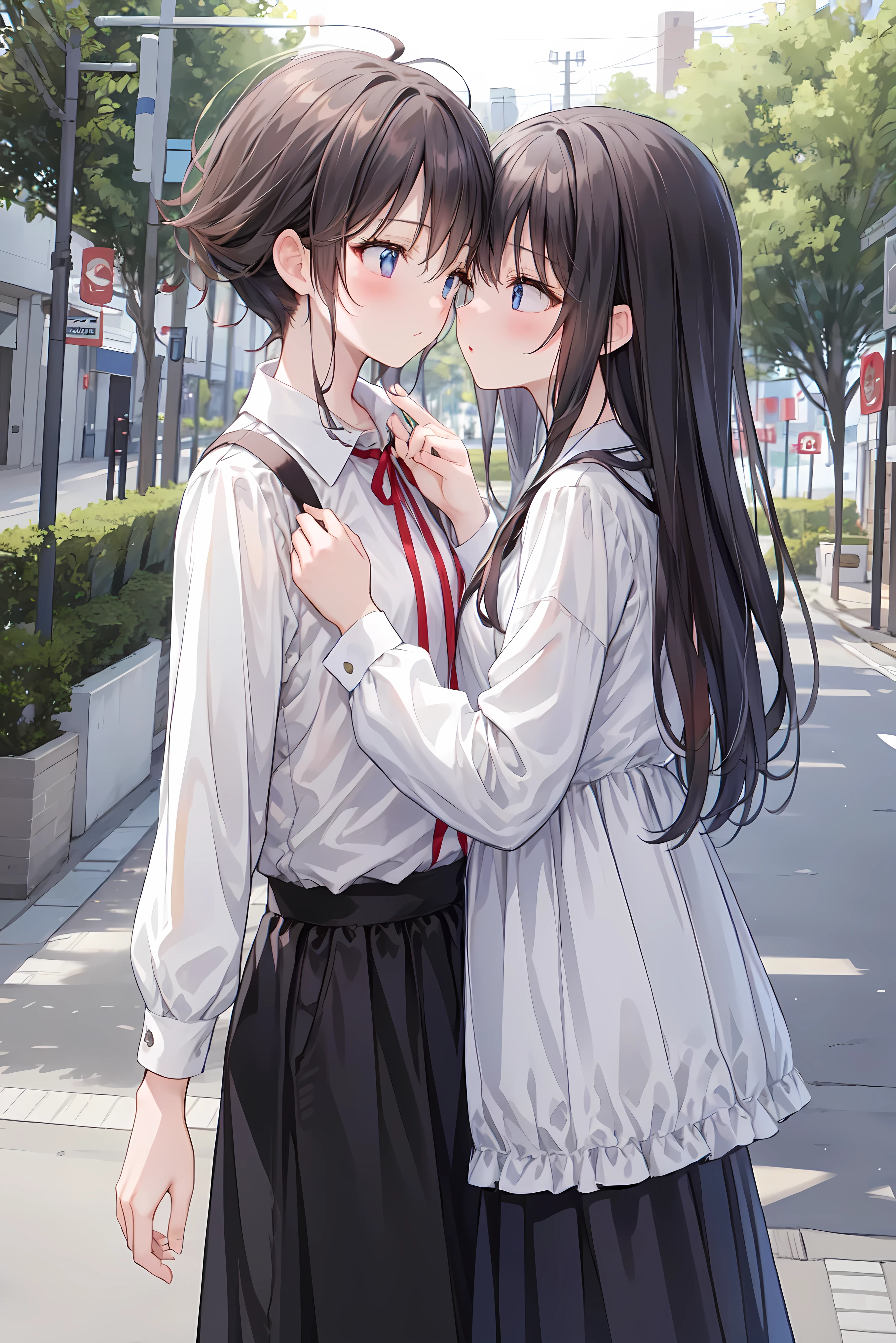 （masterpiece) attention to detail, masterpiece），（high image quality）One couple in their 20s, female1名、Kiss、Romance、Sparkling atmosphere、Glossy appearance、Night City，female（brown medium long hair ）close ~ eye、Sweet Sigh、male（Black Disheveled Hair、Y shirt, shirt）tightly close your eye、background、The night deepens、 dark, femaleはショックを受けた, maleが壁に向かって彼女にKissをする, maleが腰を抱く, And his eye were tightly closed,  romantic environment ,((Highest Quality)), (Very Detailed), (high image qualityCG合成8K壁紙), 高いly detailed, high-definition raw-colored pictures, professional photography, (((Bokeh))), writing boundary depth in the street,Bust