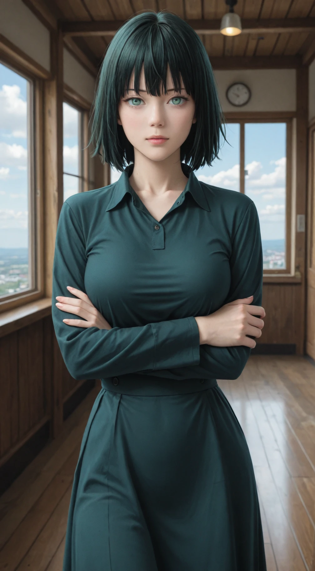 (best quality:1.3), (4k quality),(sharp image), Mai, ((Detailed face)), ((masterpiece face)),((perfect detailed eyes)) (blush), Mai, green hair, short green hair, yellow eyes, pink lips, pink lips, sly face, face with stern features, ((detailed face)), perfect face, highly detailed eyes, masterpiece, absurdres , (intricate details), (colorful),cinematic lighting, extremely detailed CG unity 8k wallpaper , 1girl, solo, mature female, erected tits, fit body, cameltoe, dark blue tight dress, tricky glance, evil smile, office room, ((perfect small erected breast)), standing with raised hands