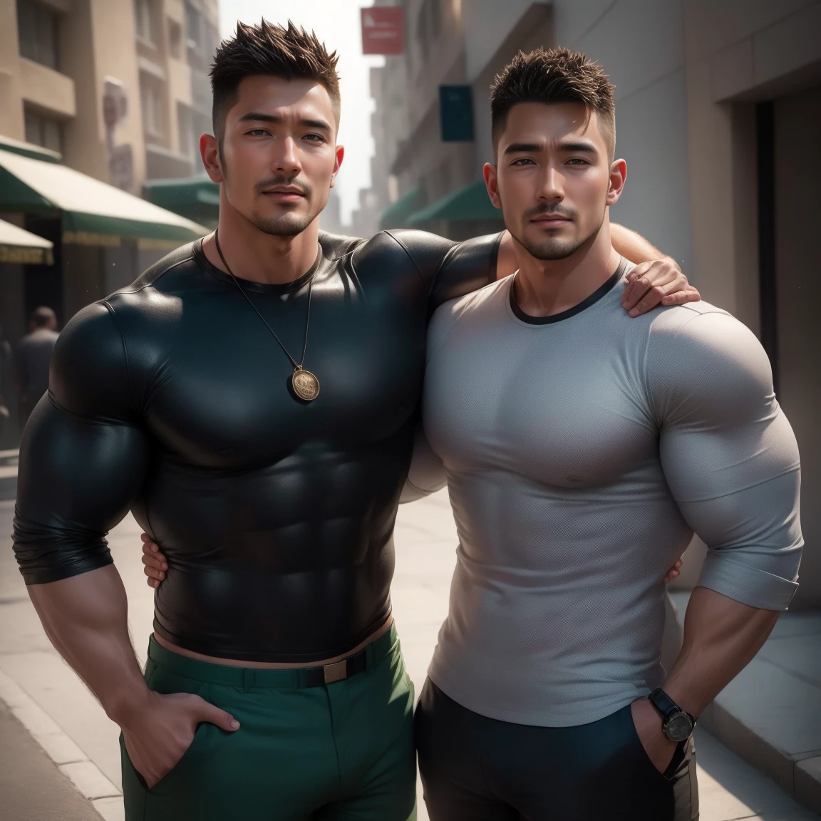 There is only one handsome Asian actor in the photo，35 years old，High target, Fitness，short hair, O-Shaped Beard，Perfect body, Skin color black，Radiant Skin，Smooth skin，Muscle bulge, muscular, Very large pectoral muscles，Very sexy abdominal muscles，Very well-developed leg muscles，Huge concave and convex area，Brightens oily skin，Wearing black leather shiny thong，Handsome face， Correct and accurate male body proportions, Wear black leather socks，Standing in front of gray background wall。
