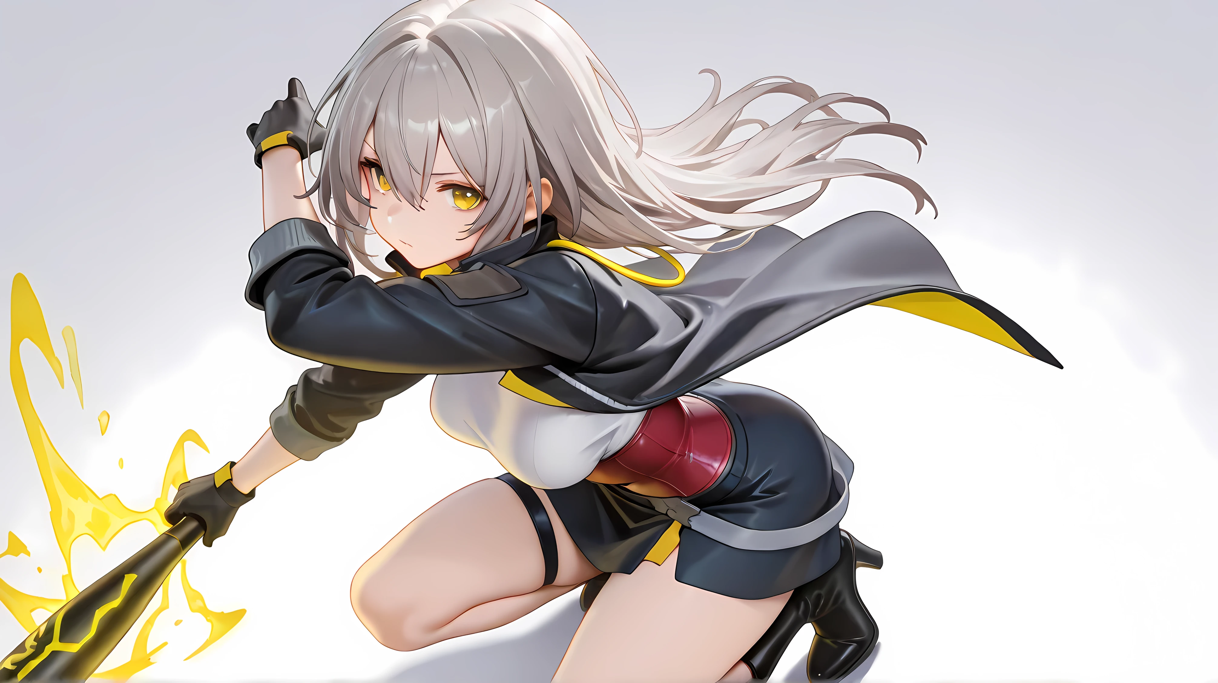 {{{cyberpunk}}},action pose out of frame,      ,very close to viewer,lean forward,{{squat}},hand on ground,{{bend down}},battle scene, [foreshortening], girl, mouth,   powder light, crackling energy ,from above,[Dutch angle],[[white background]],hong_meiling
stelledef, yellow eyes, grey hair, long hair, hair between eyes,
white shirt, black jacket, open clothes, open jacket, long sleeves, black gloves, black skirt, miniskirt, thigh strap, high heel boots, black footwear,
stellernd, yellow eyes, grey hair, long hair, hair between eyes, [magic Effec-]t fire [[baseball bat]] in hand,{{{{blue baseball bat Effect line out of frame}}}},skirt,breasts,corset,close-up,profile, best quality, amazing quality, very aesthetic, absurdres,背景は宇宙をモチーフにした
