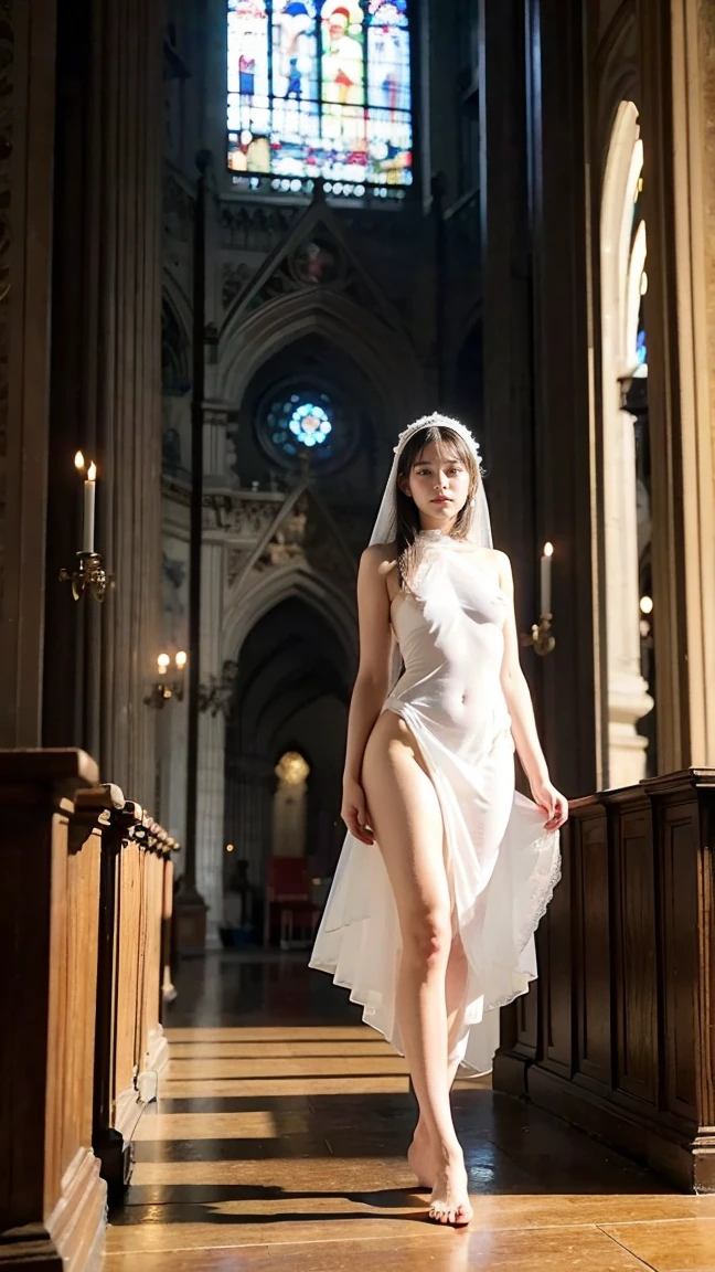 The woman, with her delicate pose and radiant skin, is adorned in an exquisite white wedding dress embellished with pearls and diamonds. She is positioned in the aisle of a majestic, ancient cathedral, as gentle light pours in through the stained-glass windows. This light casts a surreal ilumination on her dress, giving it a fantastical appearance. The shot is a waist-up angle from behind that shows her admiring the profound architecture. The overall ambiance is solemn and devotional, (full body shot: 1.5), (sexy pose: 1.5), (open legs pose: 1.2), (NSFW: 1.2).
