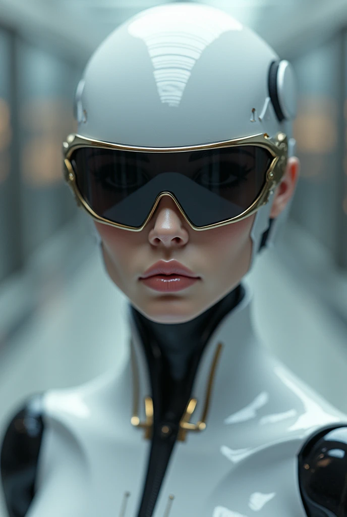 3D illustration of the upper body and face of an artificial intelligence model wearing futuristic glasses, Stylish goggles,Gradient Background, Pastel Color Palette, Black Gold, Simplicity, Cold metal texture, Surrealism,
