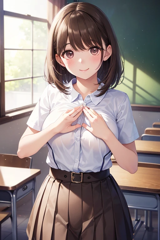 frame in, from right in front of face and body, view straight on, upper body, High quality, very high res, High quality, very high res, cute girl, brown hair, forehead, blunt bangs, bob cut, blush, Brushed up bangs, (white wearing a plain t-shirt), upright, pleated skirt, work desk, sitting in a work chair, (((put pov hand on girls chest))), smile, at office
