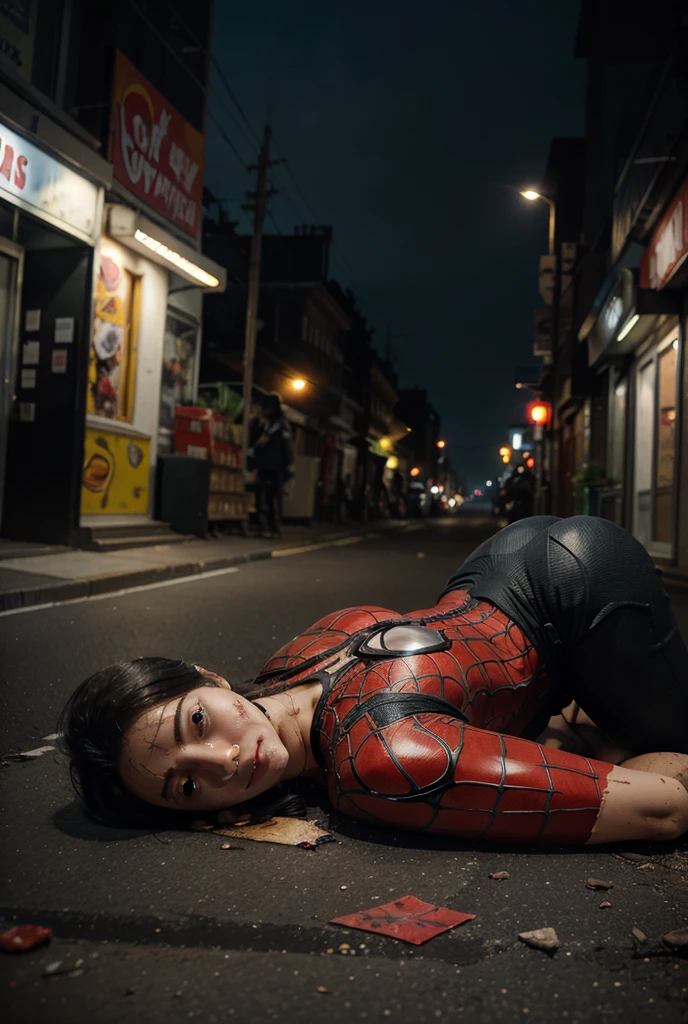 Masterpiece, Best quality,, (photorealistic1.4), (UHD), (n4t4l13p-v2), (epiCRealLife), (flashphoto),, (photorealistic1.4), (Natalie Portman in Spider Suit), (city rooftop), (night time), (spiderman latex suit), (red lipstick), (flash photography), (widescreen photo), (outdoor), (on the street of New York)