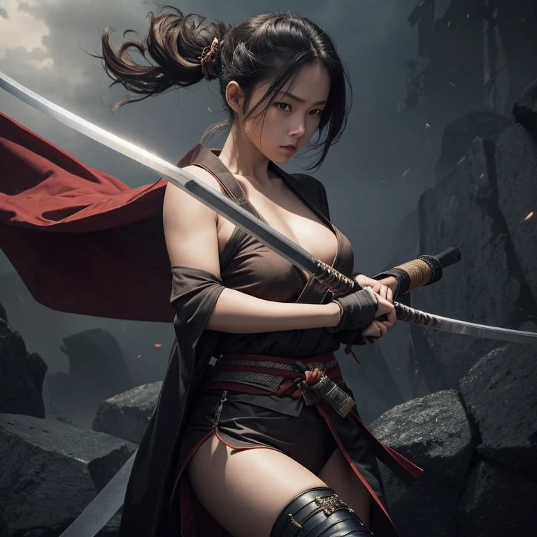 Japanese girl, The Great Wall of Sword Qi, a handsome woman with a long sword on her back and eyebrows like a mountain , show her pussy, show boobs nude , show pussy