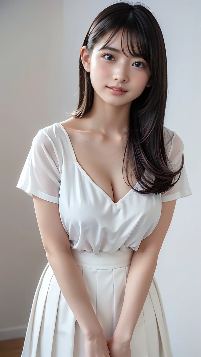 innocent 18 year old girl、((flared mini skirt,white t-shirt,dramatic pose)),smile,shortcut,park background、RAW photo, (8K、highest quality、masterpiece:1.2)、(intricate details:1.4)、(Photoreal:1.4)、octane rendering、Ultra-detailed complex 3D renderings, soft light in the studio, rim light, vivid details, super detail, realistic skin texture, details face, beautiful detailed eyes, Highly detailed CG Unity 16k wallpaper, compensate, (detailed background:1.2), shiny skin, whole body、from head to thighs、cleavage,((Stand with your hands against the wall, emphasizing your chest.))