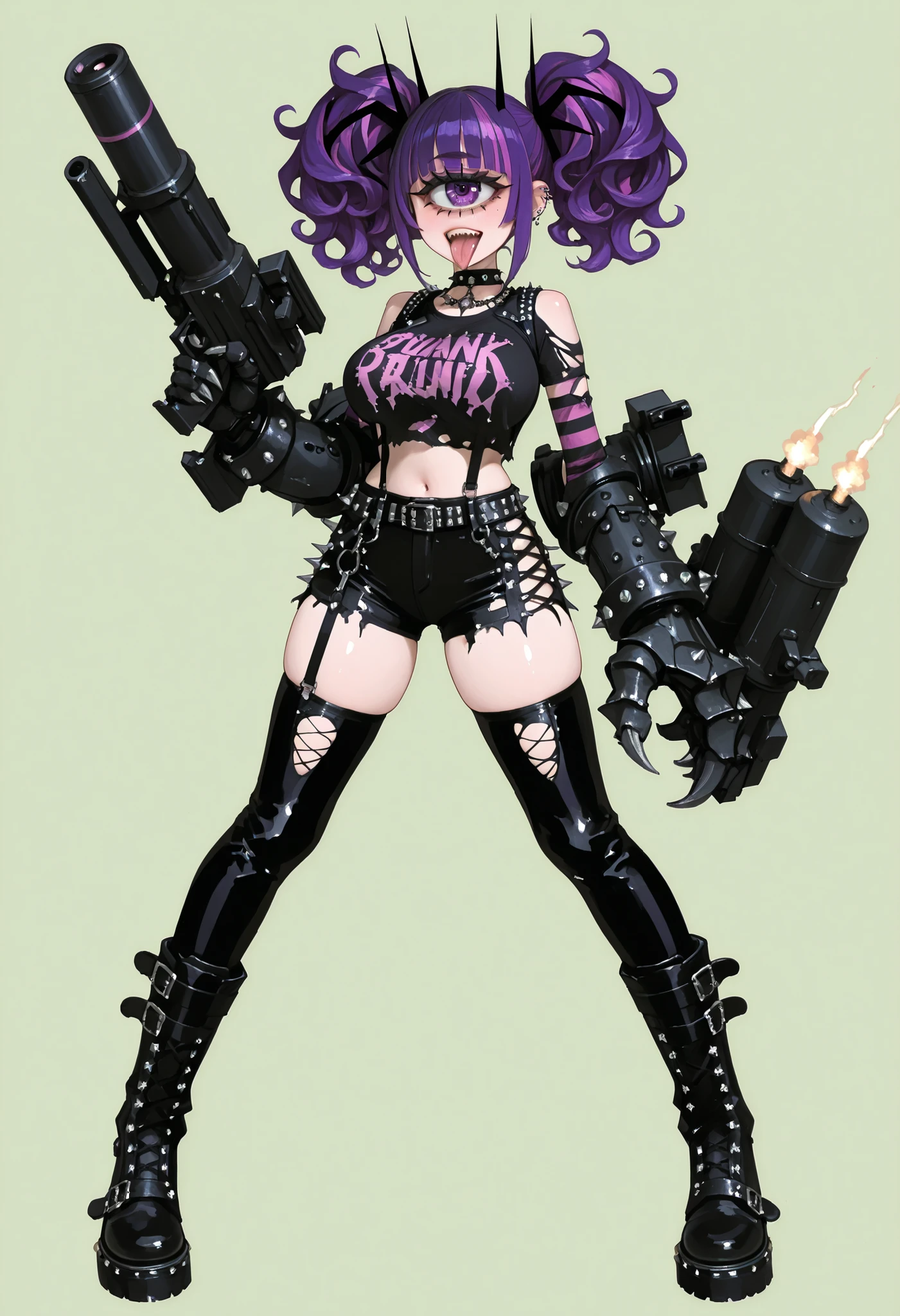 Punk fashion girl. Cyclops eyes. Purple hair. Short hair. Wavy hair. Twin tails. Two-tone bangs. Tongue sticking out. Torn outfit. . Armored hands. Sharp claws. Large hands. Studded outfit. Long boots. Missile launcher. Gun turret. Parabolic antenna.