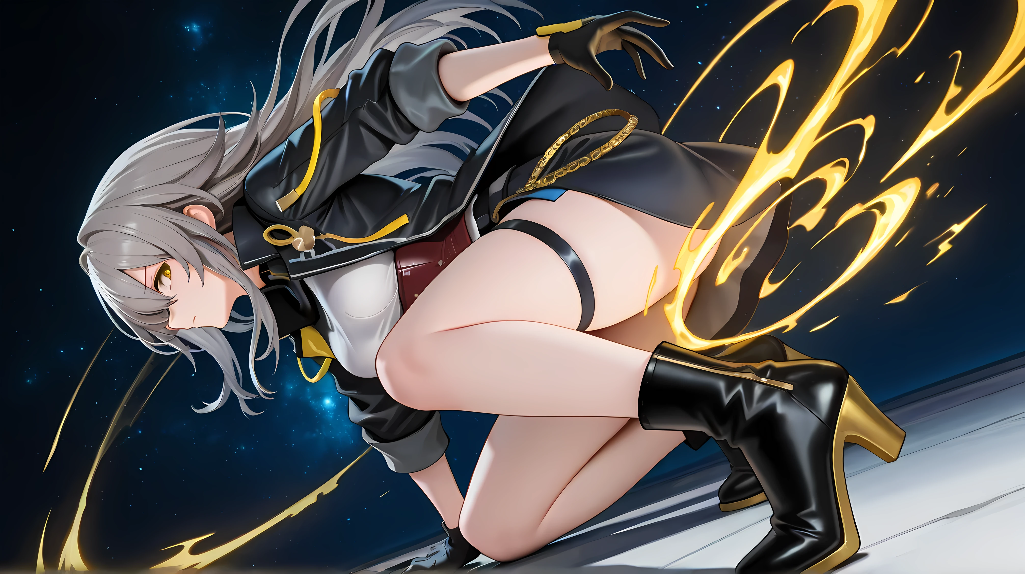 {{{cyberpunk}}},action pose out of frame,      ,very close to viewer,lean forward,{{squat}},hand on ground,{{bend down}},battle scene, [foreshortening], girl, mouth,   powder light, crackling energy ,from above,[Dutch angle],[[white background]],hong_meiling
stelledef, yellow eyes, grey hair, long hair, hair between eyes,
white shirt, black jacket, open clothes, open jacket, long sleeves, black gloves, black skirt, miniskirt, thigh strap, high heel boots, black footwear,
stellernd, yellow eyes, grey hair, long hair, hair between eyes, [magic Effec-]t fire [[batt]] in hand,{{{{gold fire Effect line out of frame}}}},skirt,breasts,corset,close-up,profile, best quality, amazing quality, very aesthetic, absurdres,Galaxy background