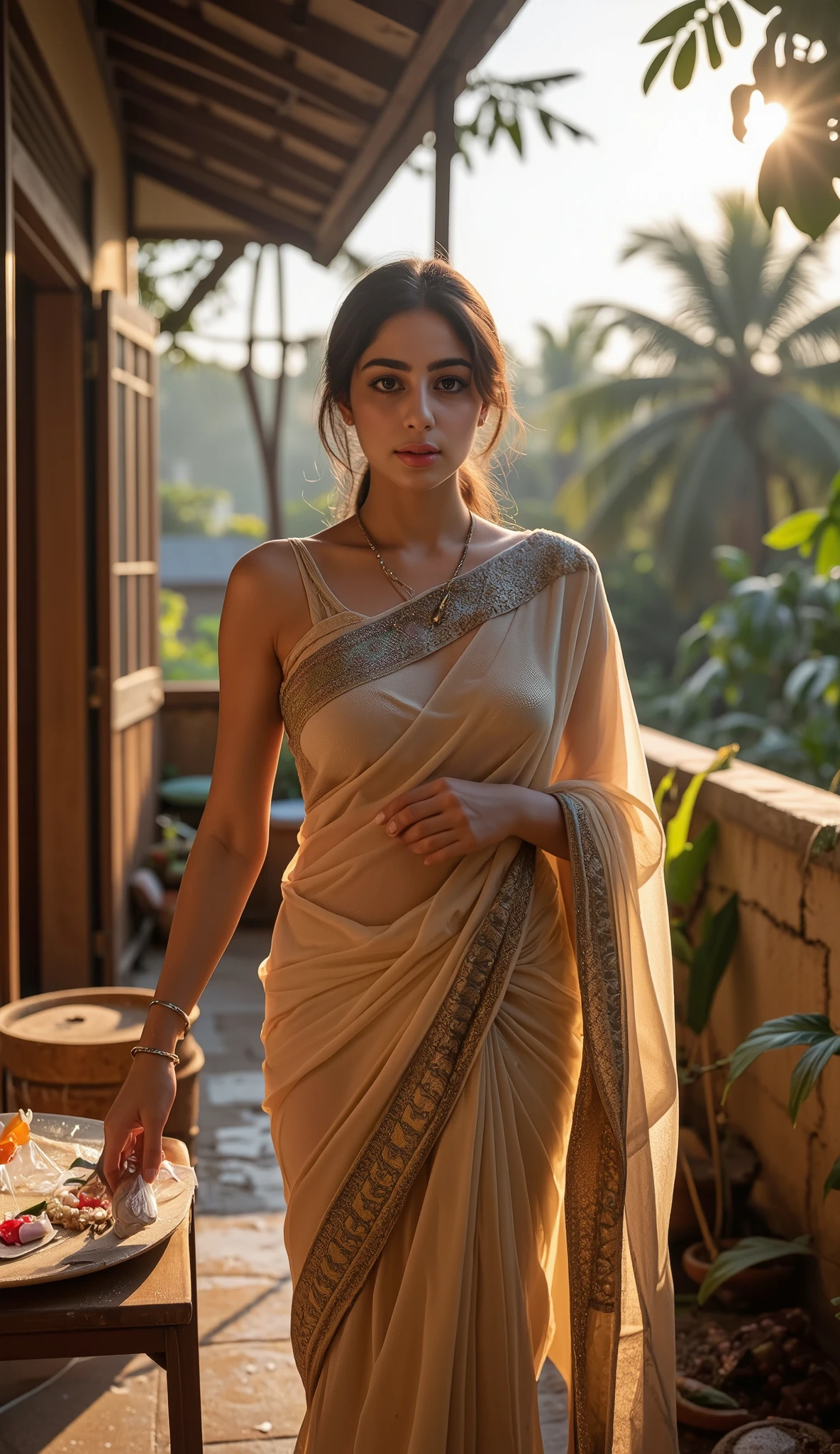 She is a indian woman working on her terrace. She is completely wet due to sun tempreture. She wears a saree and blouse, she got full wet by sweat. her body becomes see through.