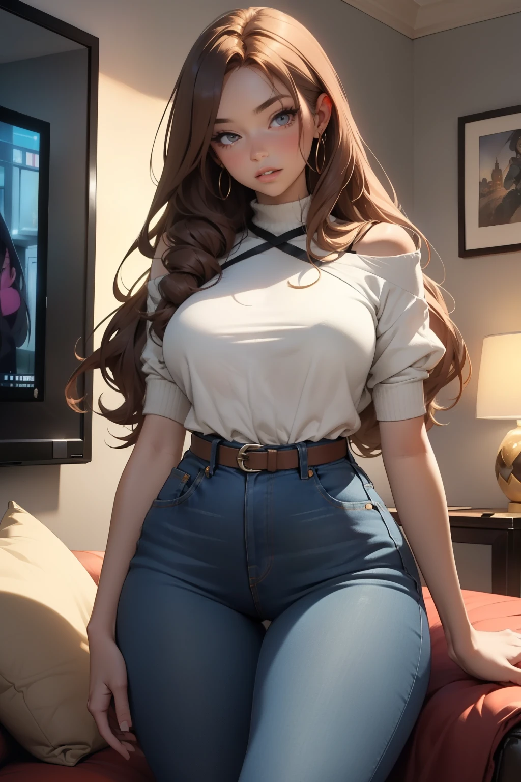 (elf girl), master piece, blushing, freckles, wide hips, slim waist, thick thighs, masterpiece, best quality, sfw, mature 36 year old woman, brown hair, moist face, wavy hair, mouth open, shiny. lips, beutiful round eyes, black tanktop, tight jeans, inside city apartment, raining outside, rainy day, navy rain, inside, standing in living room, nightime, raindrops on window, dark out, mood light, soft lap light, cozy mood, Lofi astetic, the scene emulates an immense feeling of comfort and safety, modern cityscapes, skyscraper nightlights visable through window, midnight, completely dark out, high waist jeans, tight pants, ripped jeans, (large thigh rip on jeans), orange lighting, orange moodnlight, Beautiful eyes, the most beautiful eyes youve ever seen, shiny thighs, (extremely ripped jeans), camel toe, hands on head, arms up, pointy ears, dark room, extremely dark bedroom, Sleeveless, Bracelets, shiny body, messy hair bun, oiled skin, dwarfoil, gold necklace,