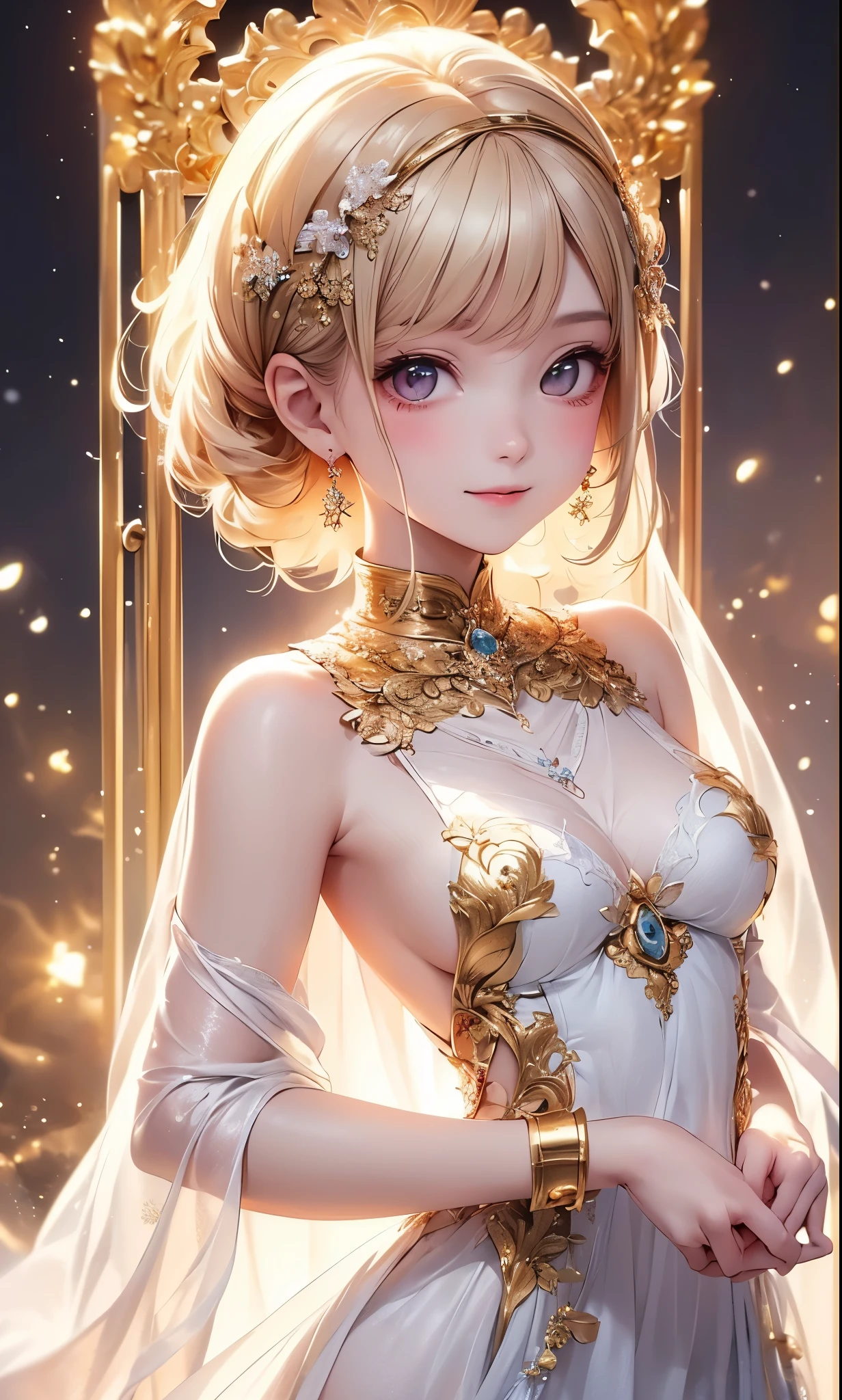 (Photorealistic:1.4), (Masterpiece, Sidelight, Exquisite Beautiful Eyes: 1.2), Masterpiece*Portrait, Realistic, 3D Face, Glistening Eyes, Glossy Skin&blonde hair, ,Small, long , gold intricate outfits,Solo,(Abdomen),Embarrassing