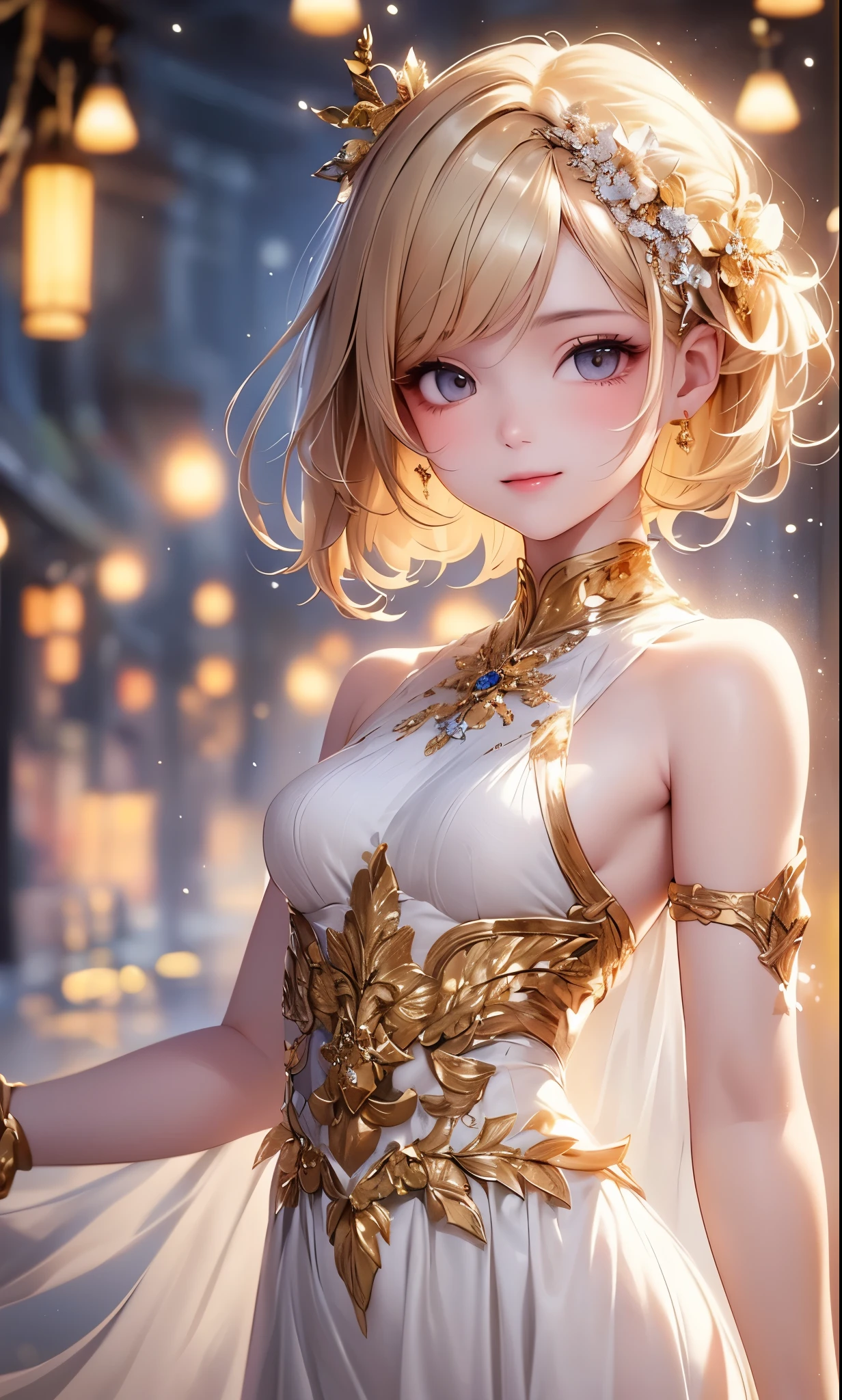 (masterpiece),((Highest Quality)),(perfect anatomy),(Beautiful and luxurious:1.2),1 girl on break day,happy expression,small breasts,((Golden Hair Beauty)), beautiful shrine garden ,  Transparency,short hair,gentle color,pastel color,Cinematic Lighting,(Highly detailed 2D illustrations),((very delicate and beautiful)),feels silky,cowboy shot,happy atmosphere just like a dream, sideboob
