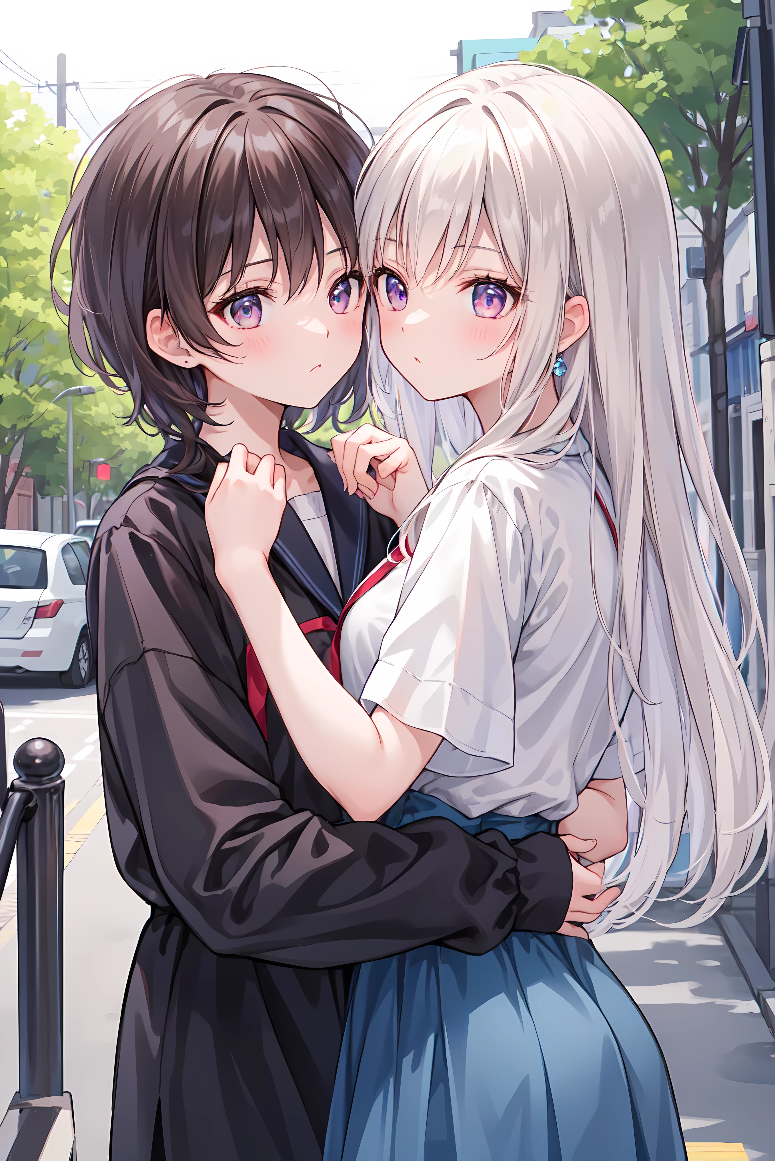 （masterpiece) attention to detail, masterpiece），（high image quality）One couple in their 20s, female1名、Kiss、Romance、Sparkling atmosphere、Glossy appearance、Night City，female（brown medium long hair ）close ~ eye、Sweet Sigh、male（Black Disheveled Hair、Y shirt, shirt）tightly close your eye、background、The night deepens、 dark, femaleはショックを受けた, maleが壁に向かって彼女にKissをする, maleが腰を抱く, And his eye were tightly closed,  romantic environment ,((Highest Quality)), (Very Detailed), (high image qualityCG合成8K壁紙), 高いly detailed, high-definition raw-colored pictures, professional photography, (((Bokeh))), writing boundary depth in the street,Bust