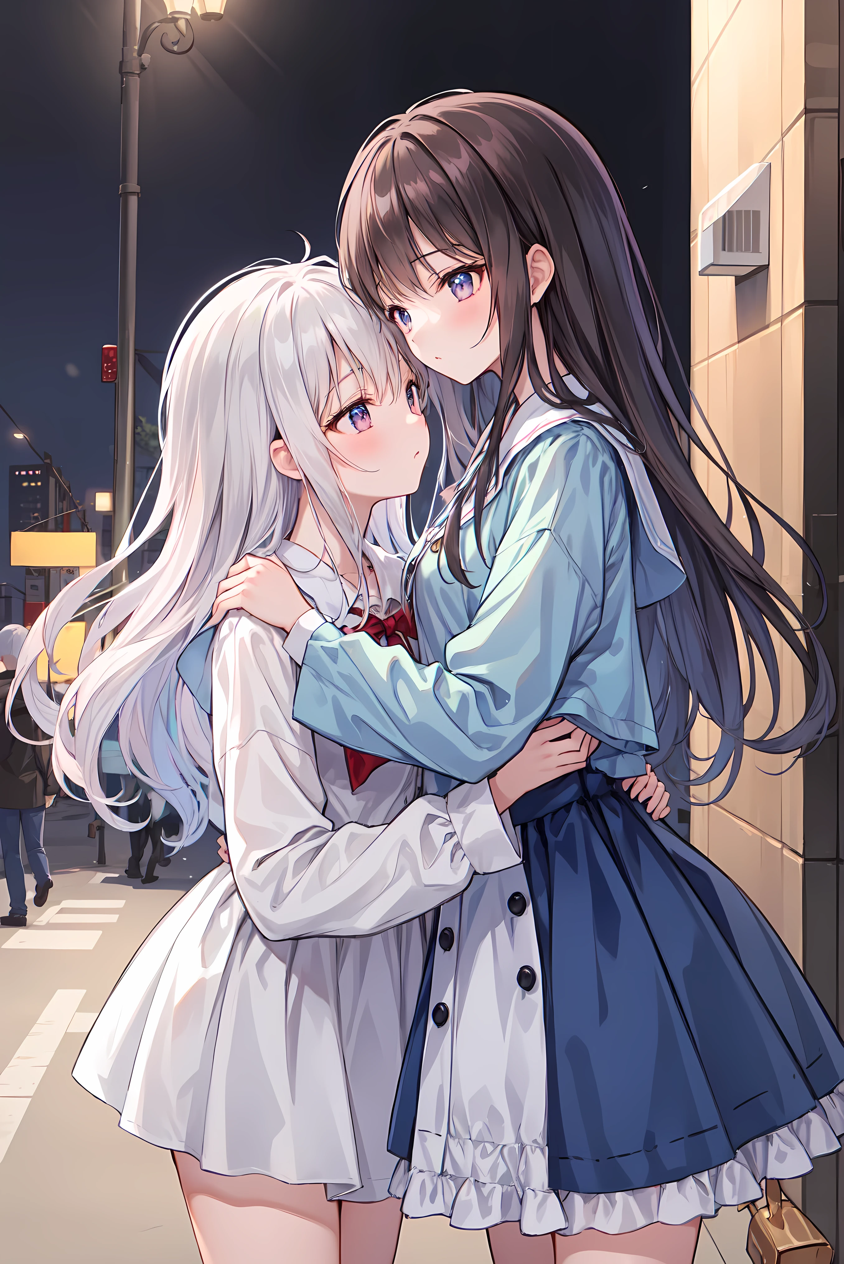 (masterpiece) attention to detail, masterpiece),(high image quality)One couple in their 20s, female1名、Kiss、Romance、Sparkling atmosphere、Glossy appearance、Night City,female(brown medium long hair )close ~ eye、Sweet Sigh、male(Black Disheveled Hair、Y shirt, shirt)tightly close your eye、background、The night deepens、 dark, femaleはショックを受けた, maleが壁に向かって彼女にKissをする, maleが腰を抱く, And his eye were tightly closed, romantic environment ,((Highest Quality)), (Very Detailed), (high image qualityCG合成8K壁紙), 高いly detailed, high-definition raw-colored pictures, professional photography, (((Bokeh))), writing boundary depth in the street,Bust