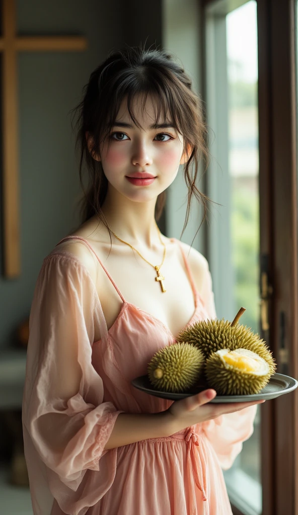 A beautiful, very sexual woman with a basket of fruit in her hand