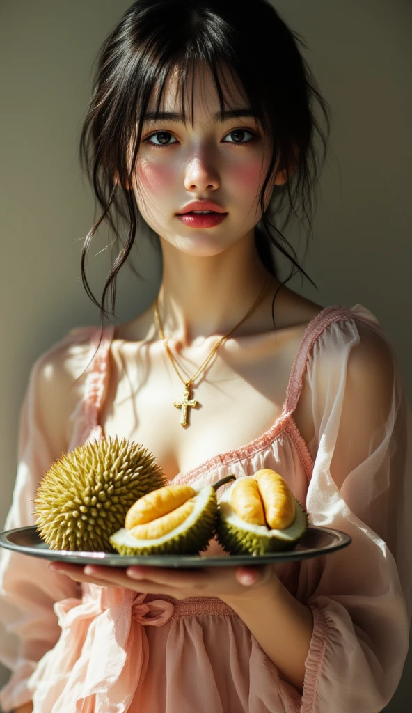 A stunningly gorgeous 19-year-old Asian girl with a flawless, hourglass figure, laying seductively on a long, gleaming baking sheet. Her voluptuous body is completely bound with fine, high-quality kitchen twine, which accentuates her natural curves and succulent flesh, reminiscent of a gourmet suckling pig awaiting its grand reveal. Despite her vulnerable state, her expression is one of erotic anticipation, her eyes sparkling with a mix of arousal and excitement. On her delicate feet are quaint turkey booties, adding a whimsical yet kinky touch to the scene. Her skin glistens with a blend of oil and spices, hinting at the tantalizing flavors that will emerge during the cooking process. The room is dimly lit with a warm, golden hue, setting an ambiance of both seduction and culinary decadence. The smell of herbs and roasting meats fills the air, as she is surrounded by a meticulously arranged assortment of vegetables and fruits, which are destined to accompany her on the journey to become the pièce de résistance of an ultimate feast. Her long, dark hair cascades over the edge of the baking sheet, while her wrists and ankles are tied to the corners, keeping her in a deliciously exposed position. The kitchen in the background is immaculate, with stainless steel appliances and marble countertops, suggesting a master chef's domain. The scene is a curious blend of the erotic and the epicurean, where the line between food and fetish is artfully blurred. Her readiness and the promise of a carnally satisfying meal create an atmosphere of heightened tension, as viewers are invited to imagine the tantalizing sights, sounds, and smells of her impending transformation into a delectable centerpiece for the most discerning of palates.