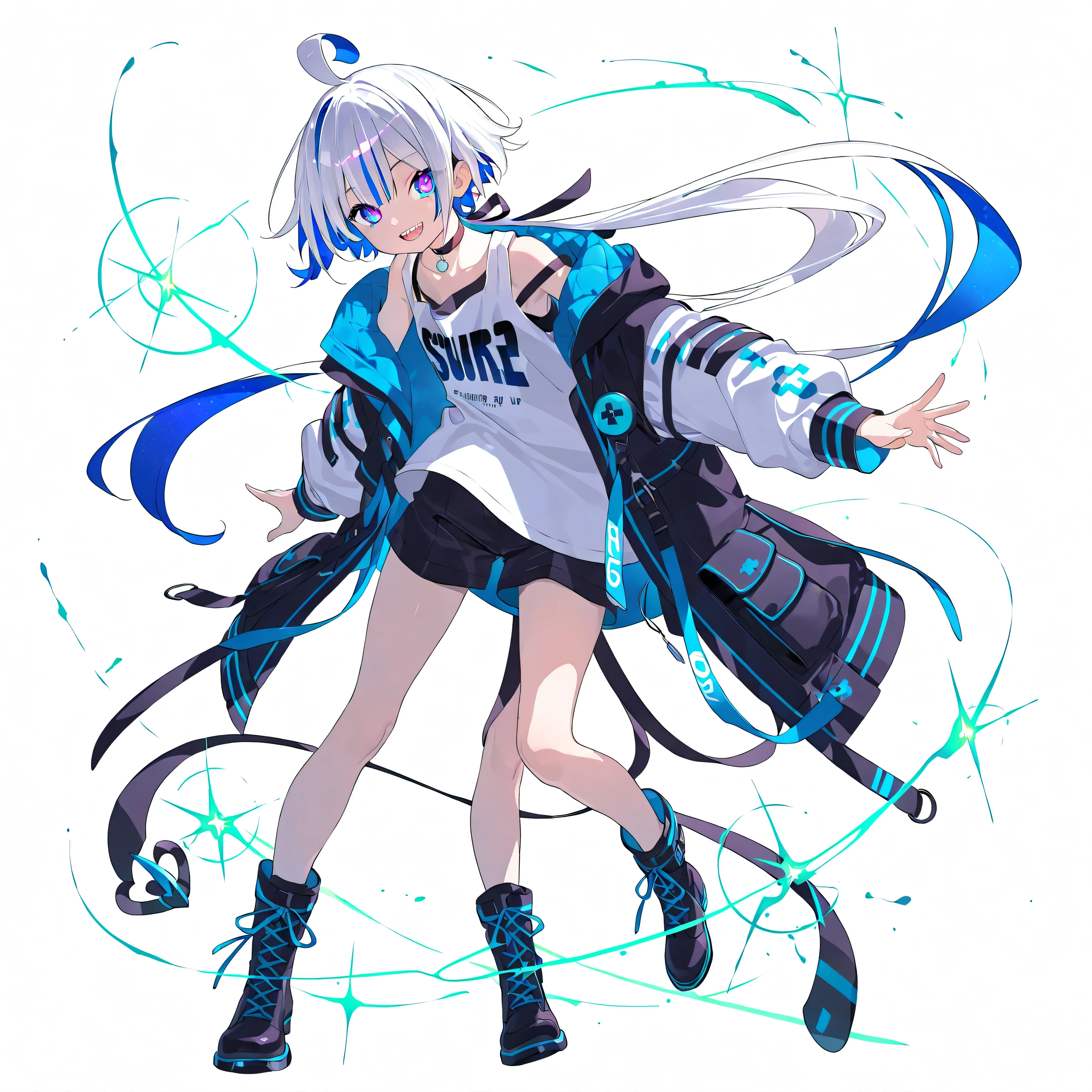 high image quality、High Quality、solo、Shortcut, low ponytail 、 2 color hair、stupid hair、neon light illuminates face 、Boyish clothes、double teeth、thick soled boots、 asymmetric hair 、 simple eyes 、white background、standing, casual shorts with very intricate openings、full body、