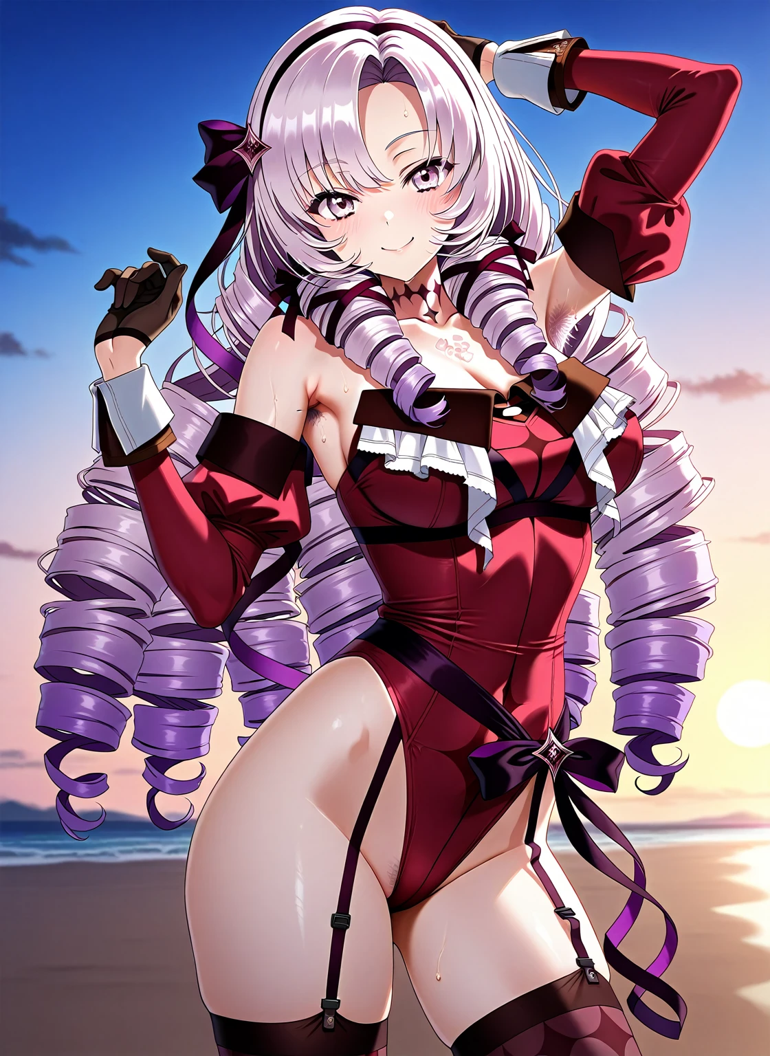 summer bb, fgo, tan, dark-skinned female, solo, smile, purple eyes, long hair, purple hair, red hair bow, neck ribbon, white highleg leotard, black coat, white gloves, open coat, huge breasts, star (sky), palm tree, starry sky, night, beach  <lora:SUMMERBB:1>