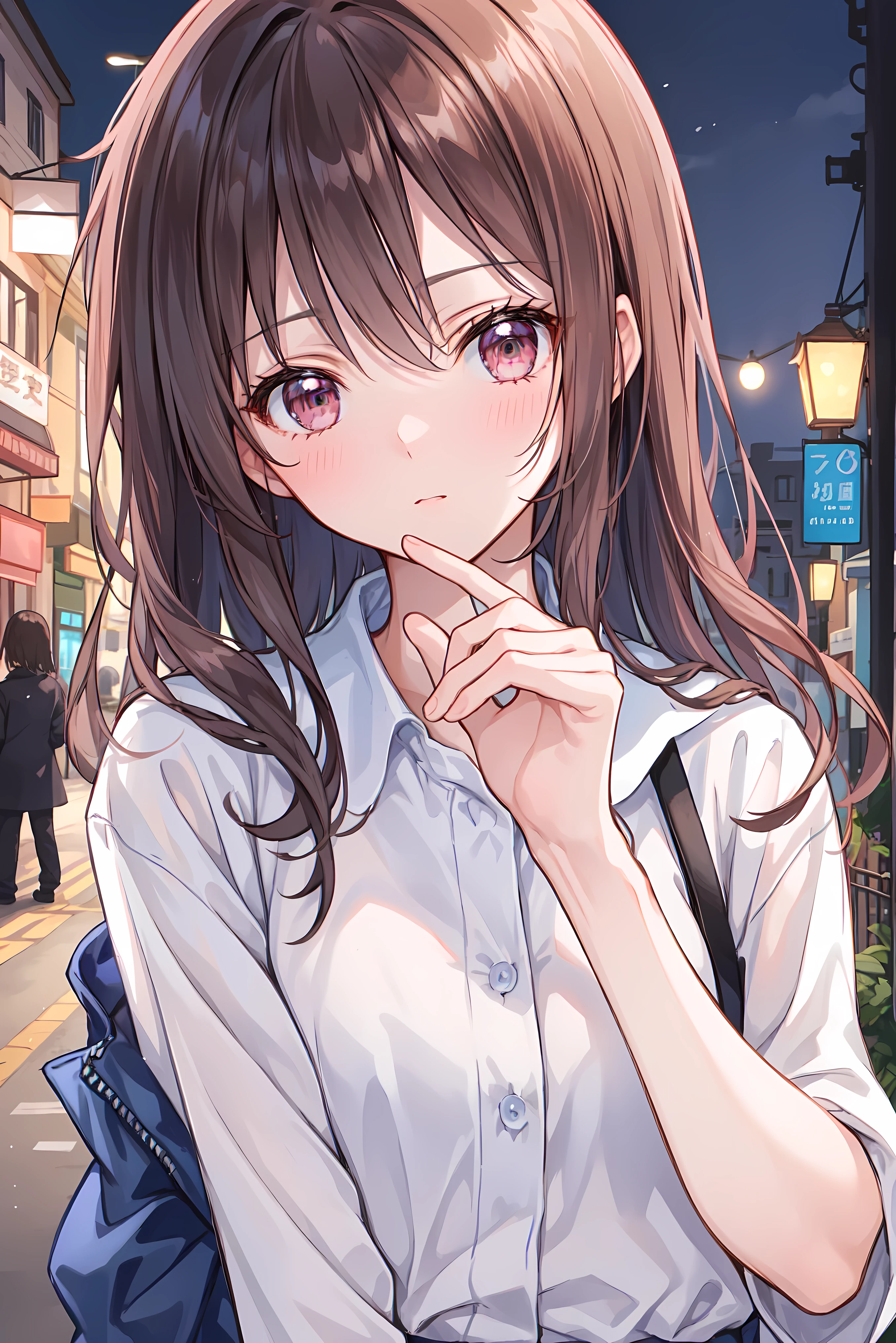 (masterpiece) attention to detail, masterpiece),(high image quality)One couple in their 20s, female1名、Kiss、Romance、Sparkling atmosphere、Glossy appearance、Night City,female(brown medium long hair )close ~ eye、Sweet Sigh、male(Black Disheveled Hair、Y shirt, shirt)tightly close your eye、background、The night deepens、 dark, femaleはショックを受けた, maleが壁に向かって彼女にKissをする, maleが腰を抱く, And his eye were tightly closed, romantic environment ,((Highest Quality)), (Very Detailed), (high image qualityCG合成8K壁紙), 高いly detailed, high-definition raw-colored pictures, professional photography, (((Bokeh))), writing boundary depth in the street,Bust