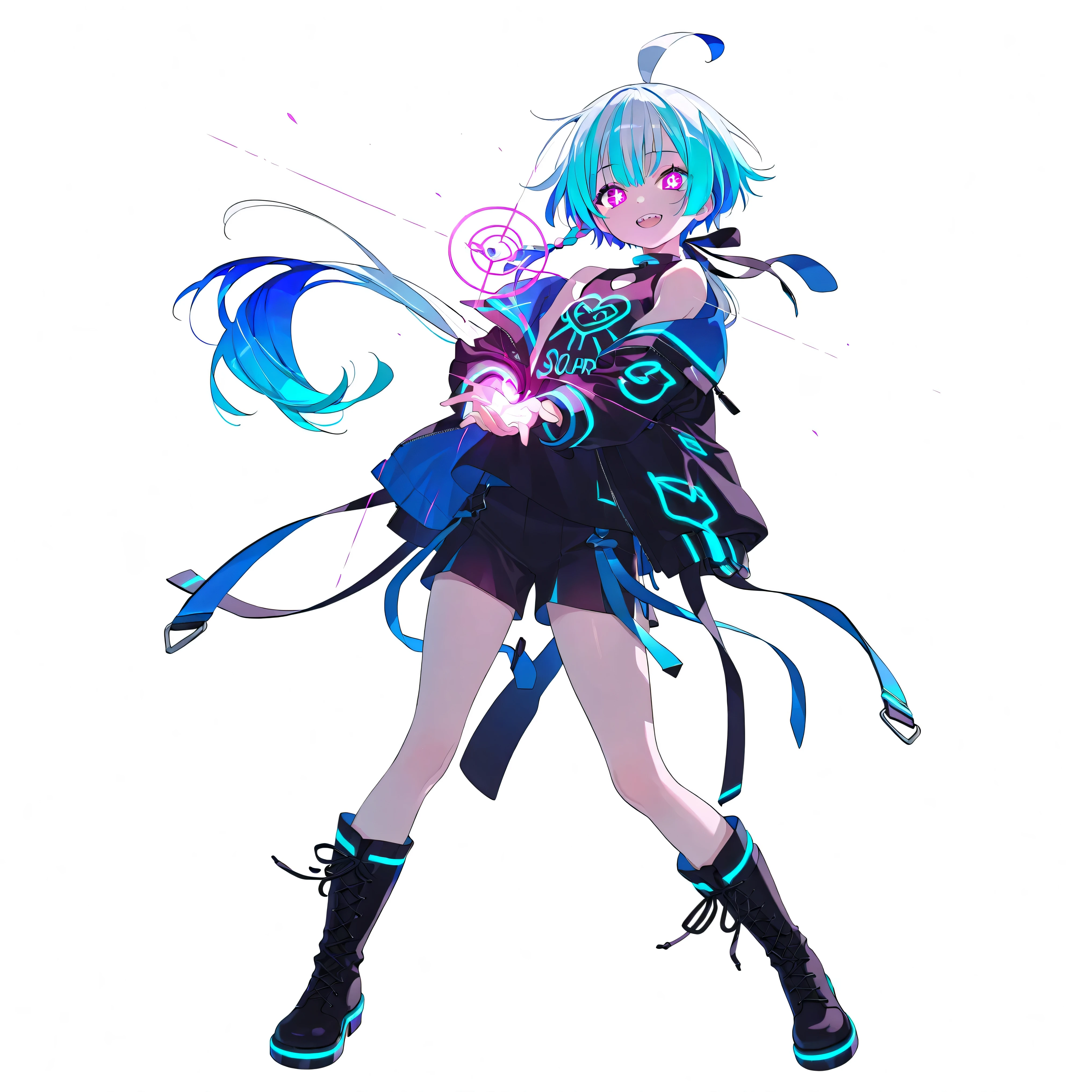 high image quality、High Quality、solo、Shortcut, low ponytail 、 2 color hair、stupid hair、neon light illuminates face 、Boyish clothes、double teeth、thick soled boots、 asymmetric hair 、 simple eyes 、white background、standing, casual shorts with very intricate openings、full body、